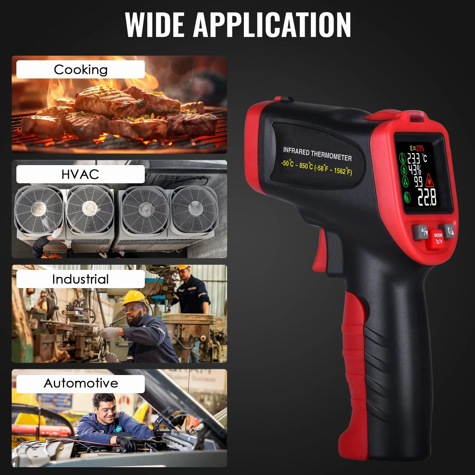 Termometro a infrarossi laser professionale -50°C a 850°C con termocoppia a pinza tipo K, senza contatto per temperatura in cucina, HVAC, industria
