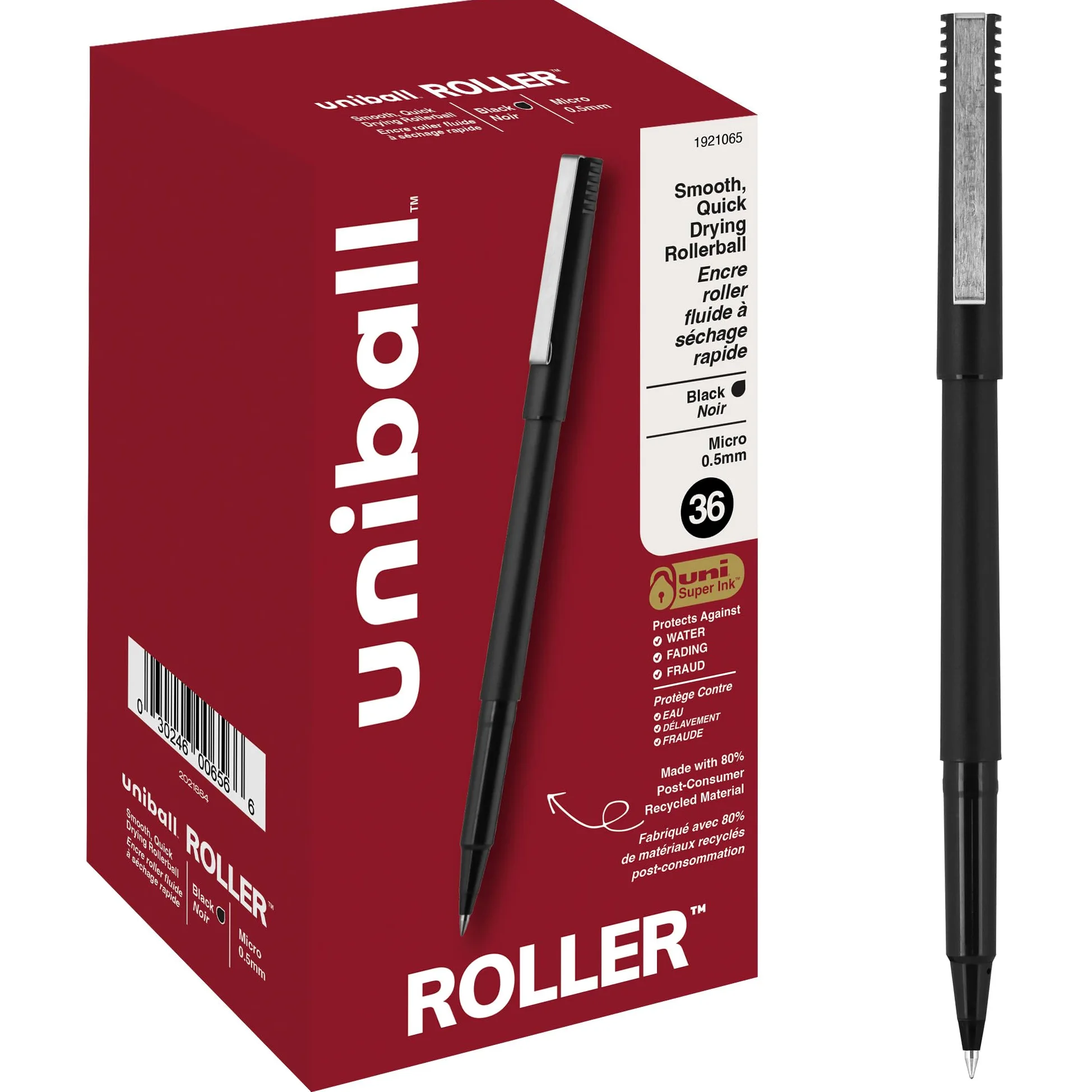 uni-ball Penne a rullo, punta micro (0,5 mm), nero, 36 pezzi