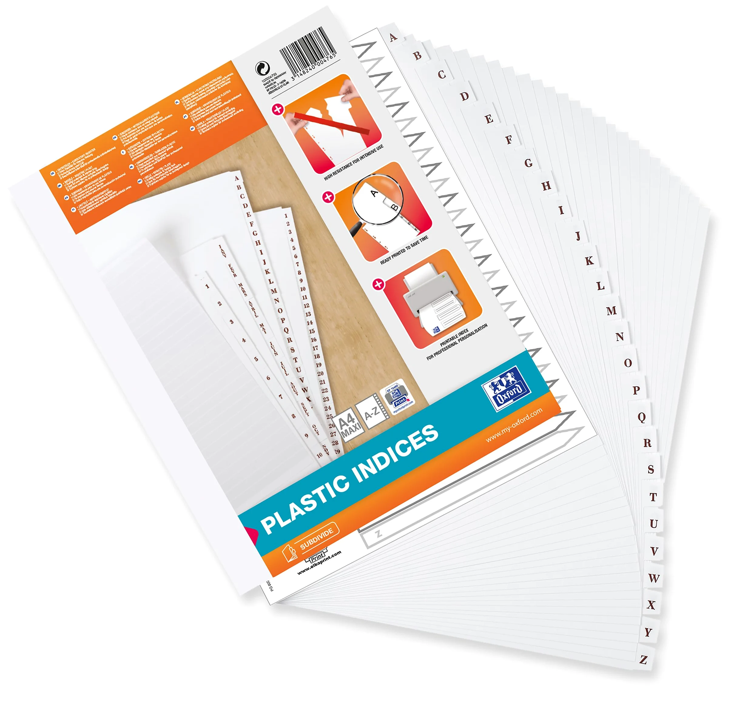 OXFORD 5 confezioni da 26 divisori alfabetici A4XL PVC 19/100°, colore: Bianco