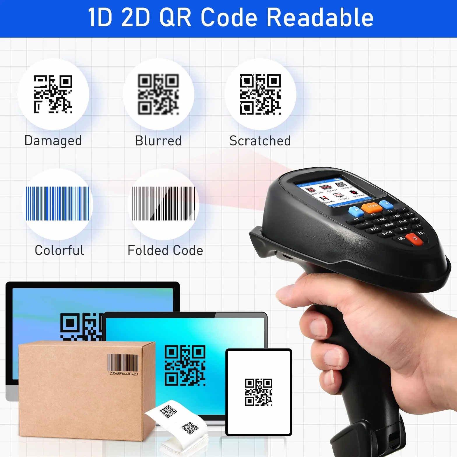 Lettore di codici a barre portatile 1D 2D PDF scanner di inventario dati Lettore di codici a barre portatile con schermo LCD da 2,2 pollici e stazione di ricarica