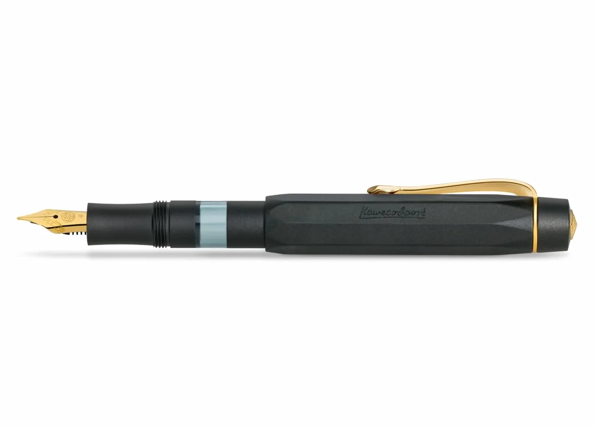 Kaweco PISTON SPORT AL Black/Gold Solo I Classica Penna stilografica in alluminio per caricare inchiostro con finestra trasparente in scatola retrò 13 cm, larghezza penna: M (medio)