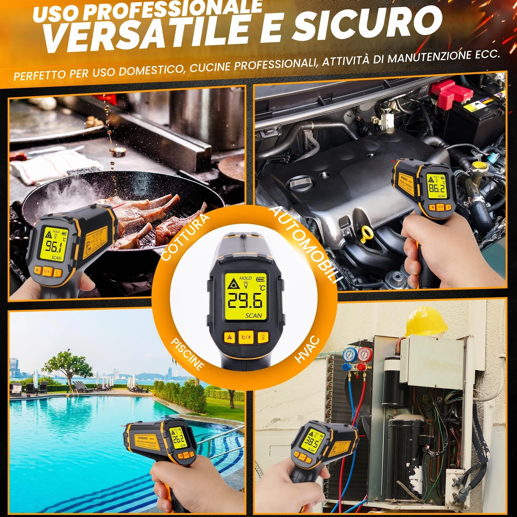 Termometro Infrarossi -50℃~600℃ Laser Digitale Senza Contatto per Cucina, Forno, Alimenti