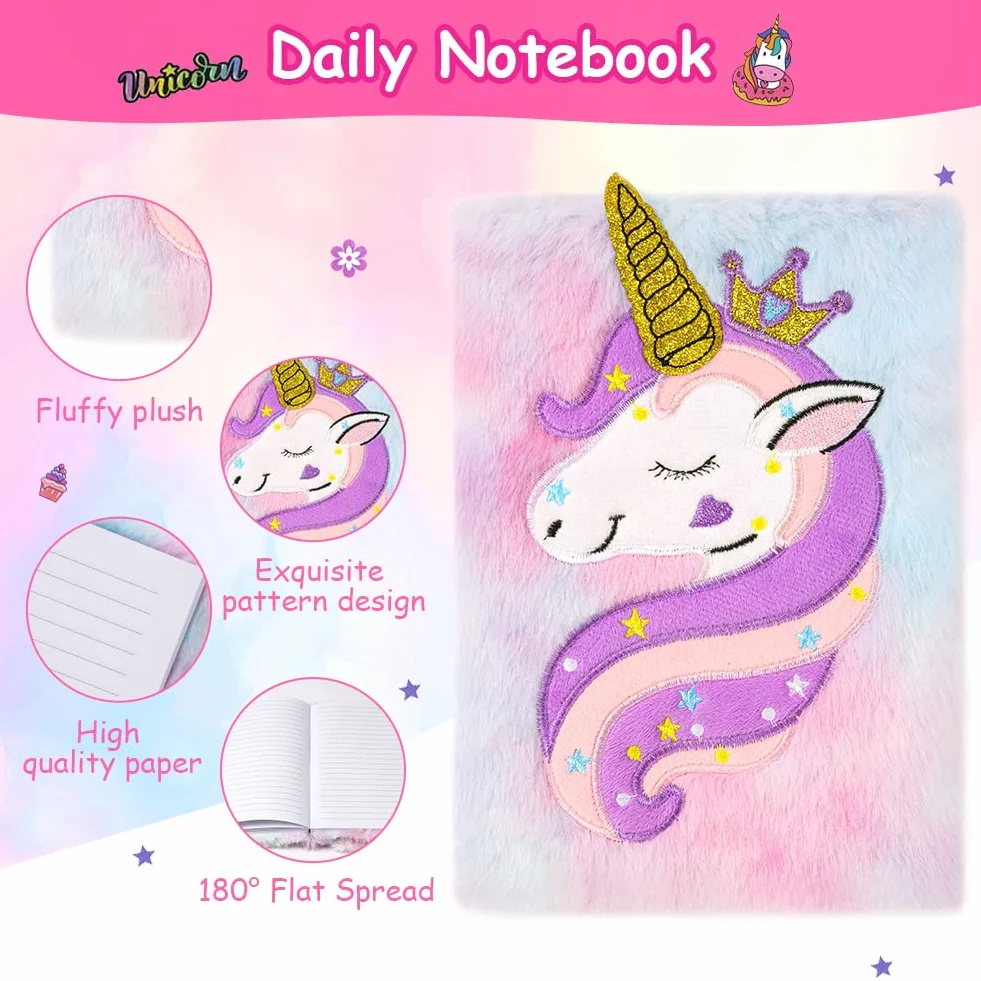 OFFCUP Quaderno Peluche Unicorno Diario Segreto Set Cancelleria Bambina Regalo 4 Penne Gel 10 Adesivi