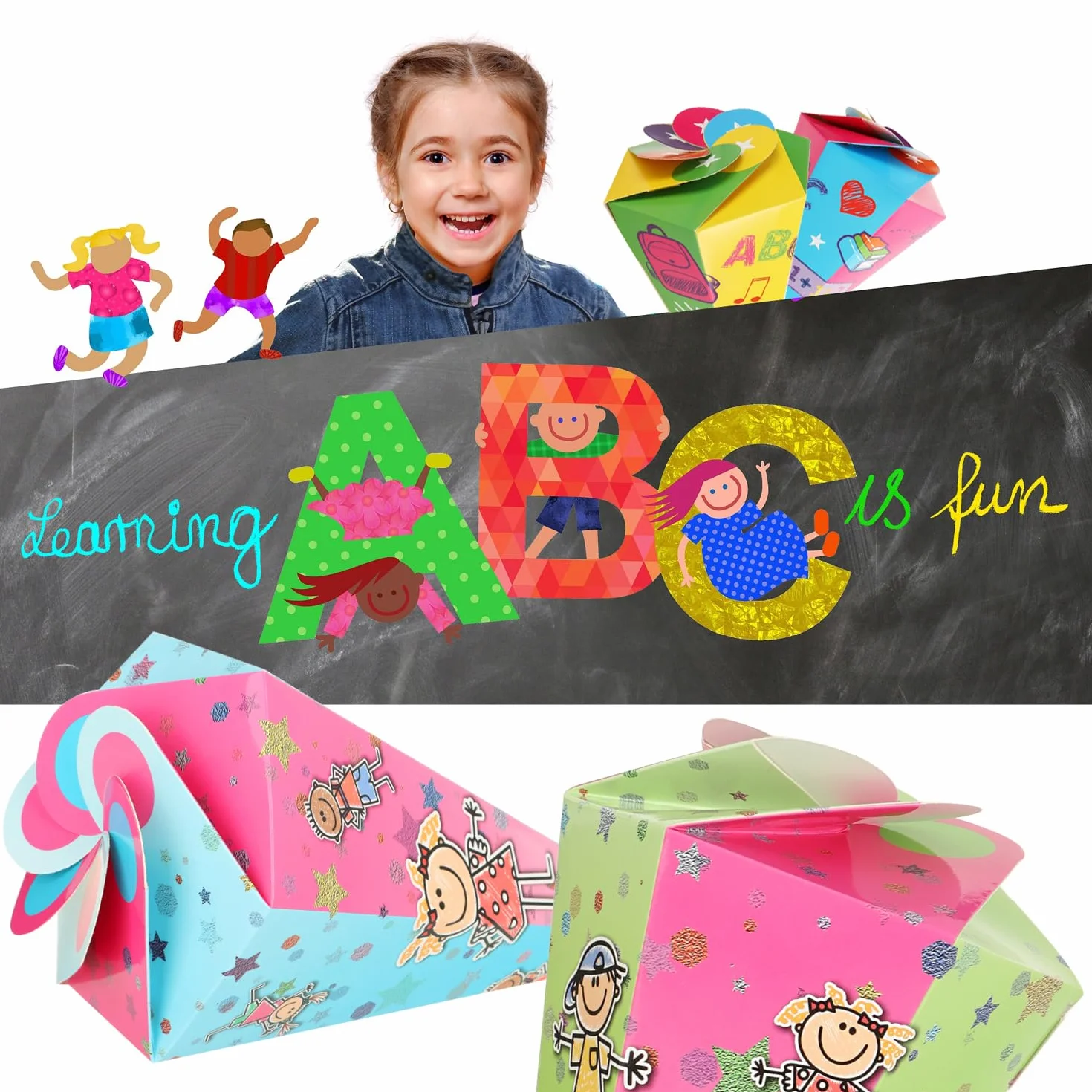 com-four 2 Coni Scolastici 30cm Pieghevole Cartone per Scuola Confezione Regalo