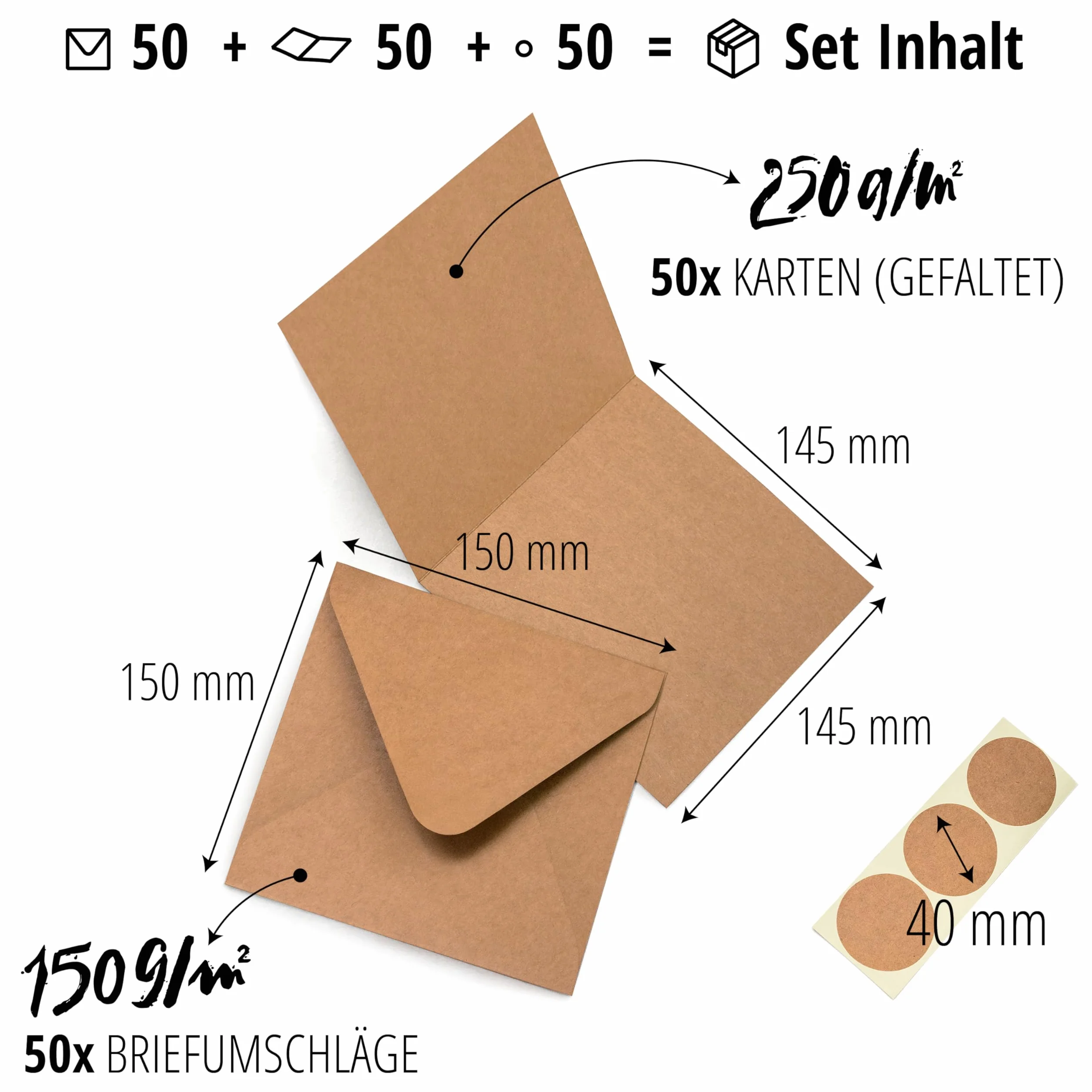 Japun set 50 biglietti pieghevoli quadrati vuoti con buste marrone