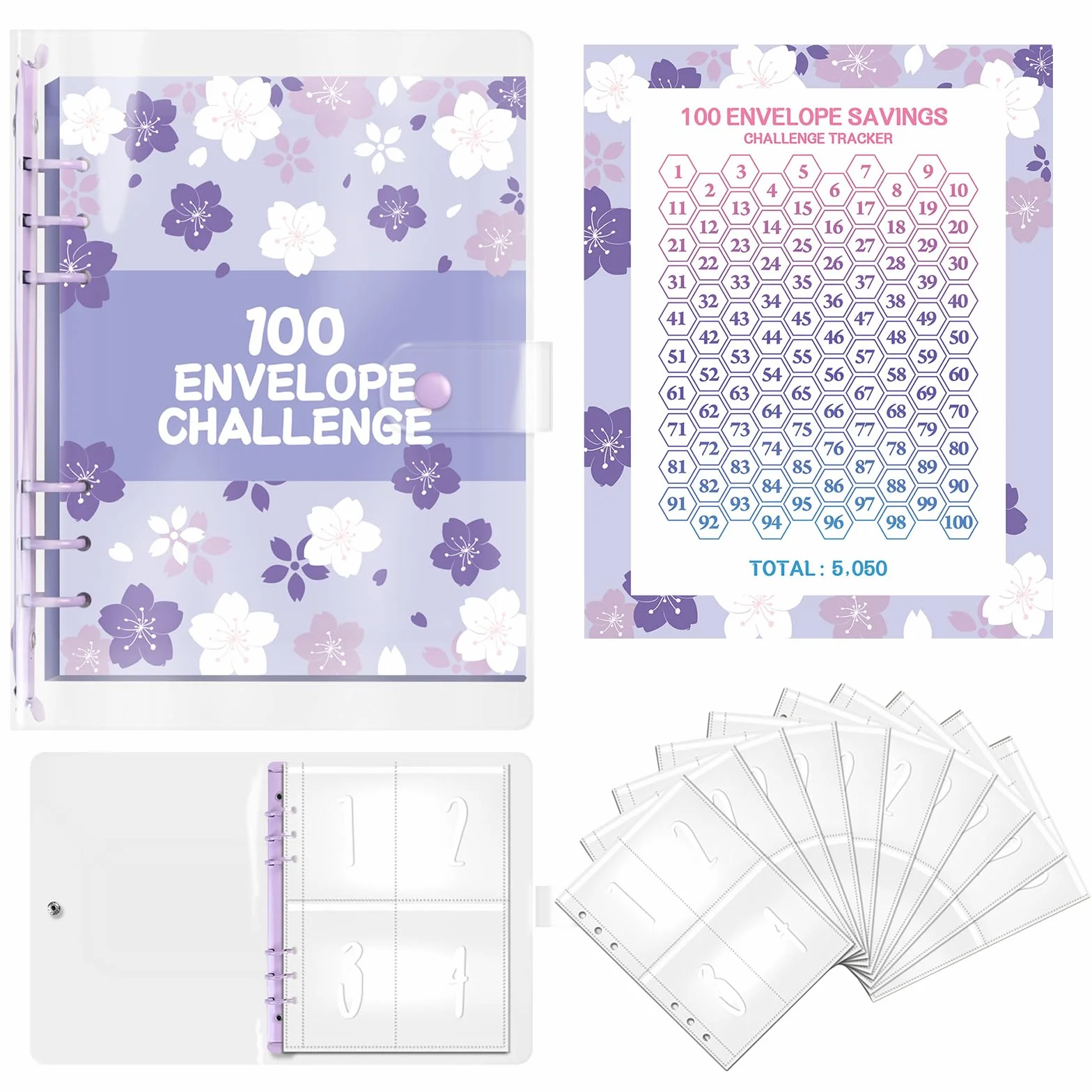 100 Envelope Savings Challenge, Libro del Risparmio A5, Budget Planner 5050€, con Buste Trasparenti e Chiusura Magnetica