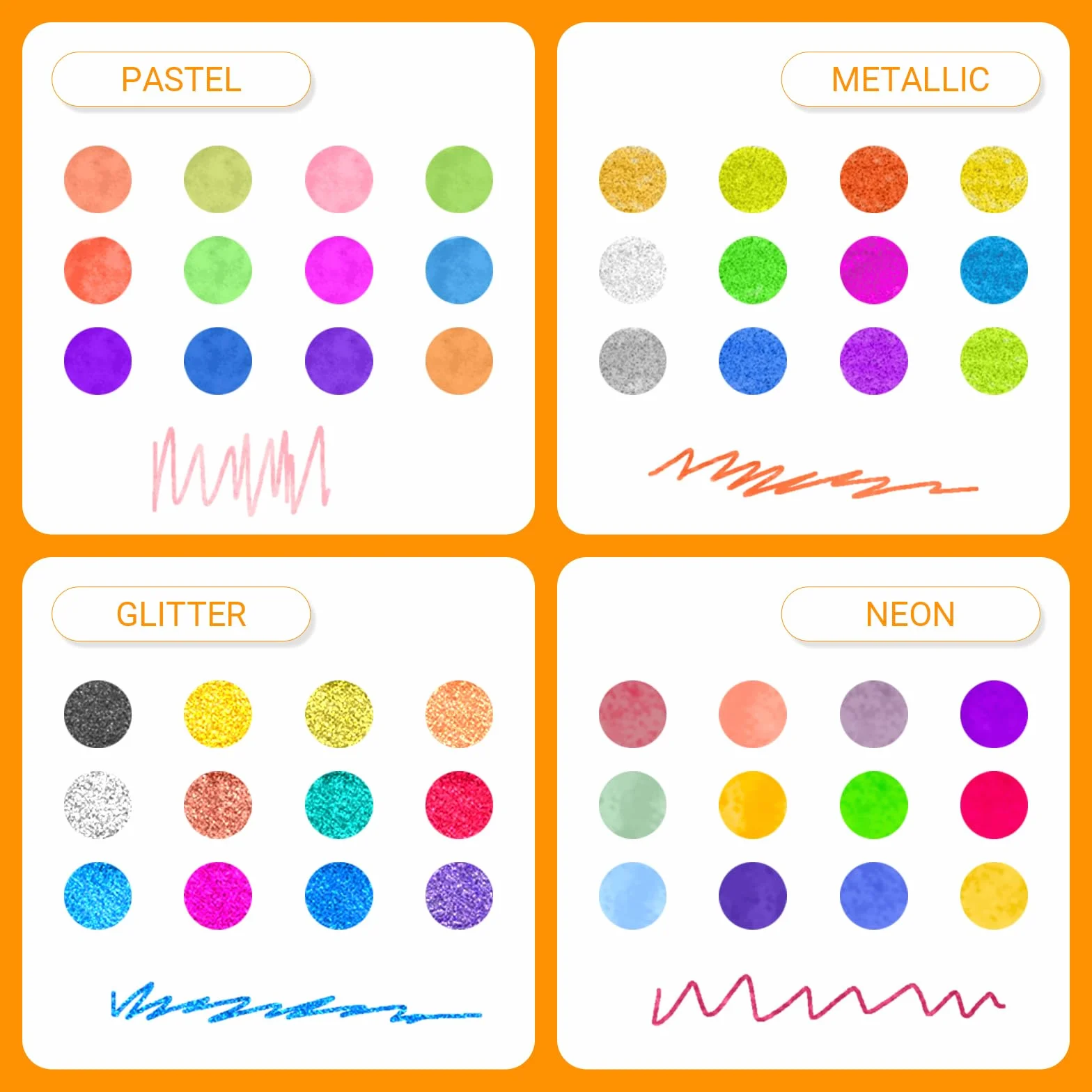 RMIVEGLIA Set da 48 Penne Gel Colorate - 12 Metallizzate, 12 Glitterate, 12 Neon, 12 Acquerello