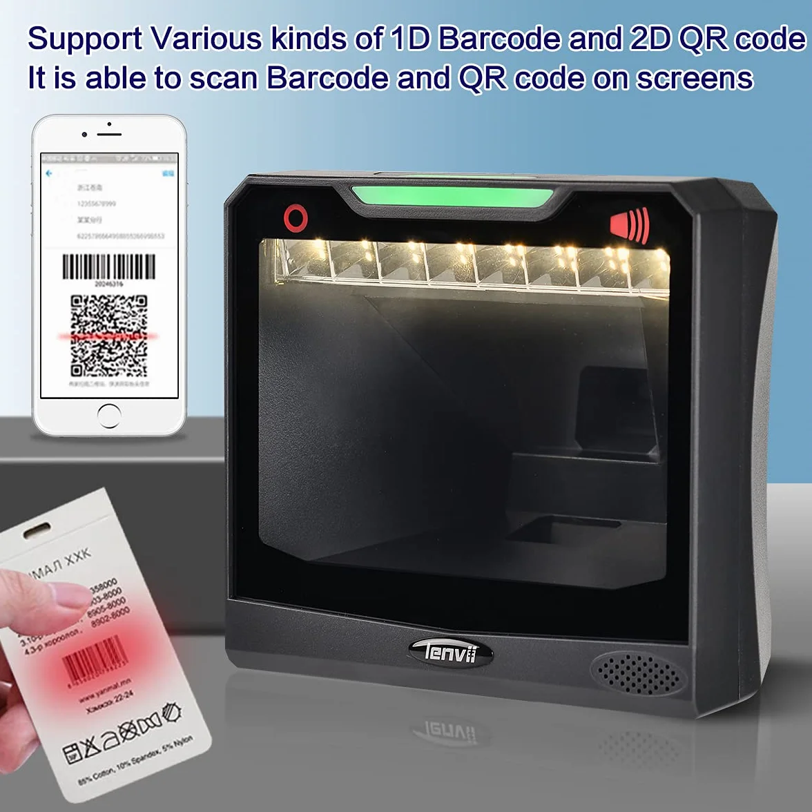 LENVII Lettore Codice a Barre Desktop,1D 2D QR Code Scanner Auto Tavolo Mani Libere,lettore barcode scanner Supporta Linux/Mac/Windows, per Negozi, Supermercati, Distributore Automatico QR Reader