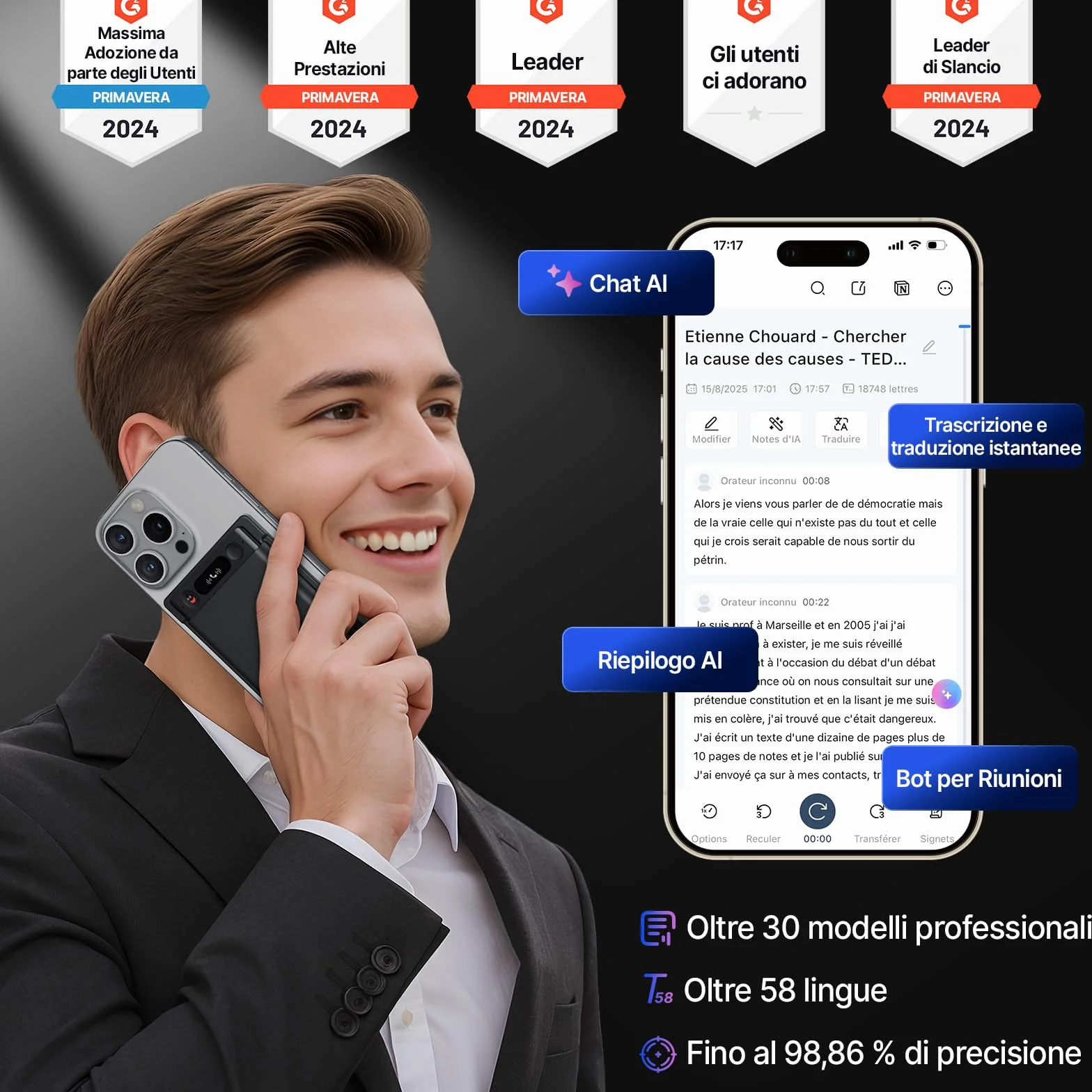 Registratore vocale AI Notta Memo(Nero) con Memo MagBridge, Trascrizione & Riassunto AI 58 Lingue, Memoria 2000h, per Chiamate/Riunioni/Lezioni