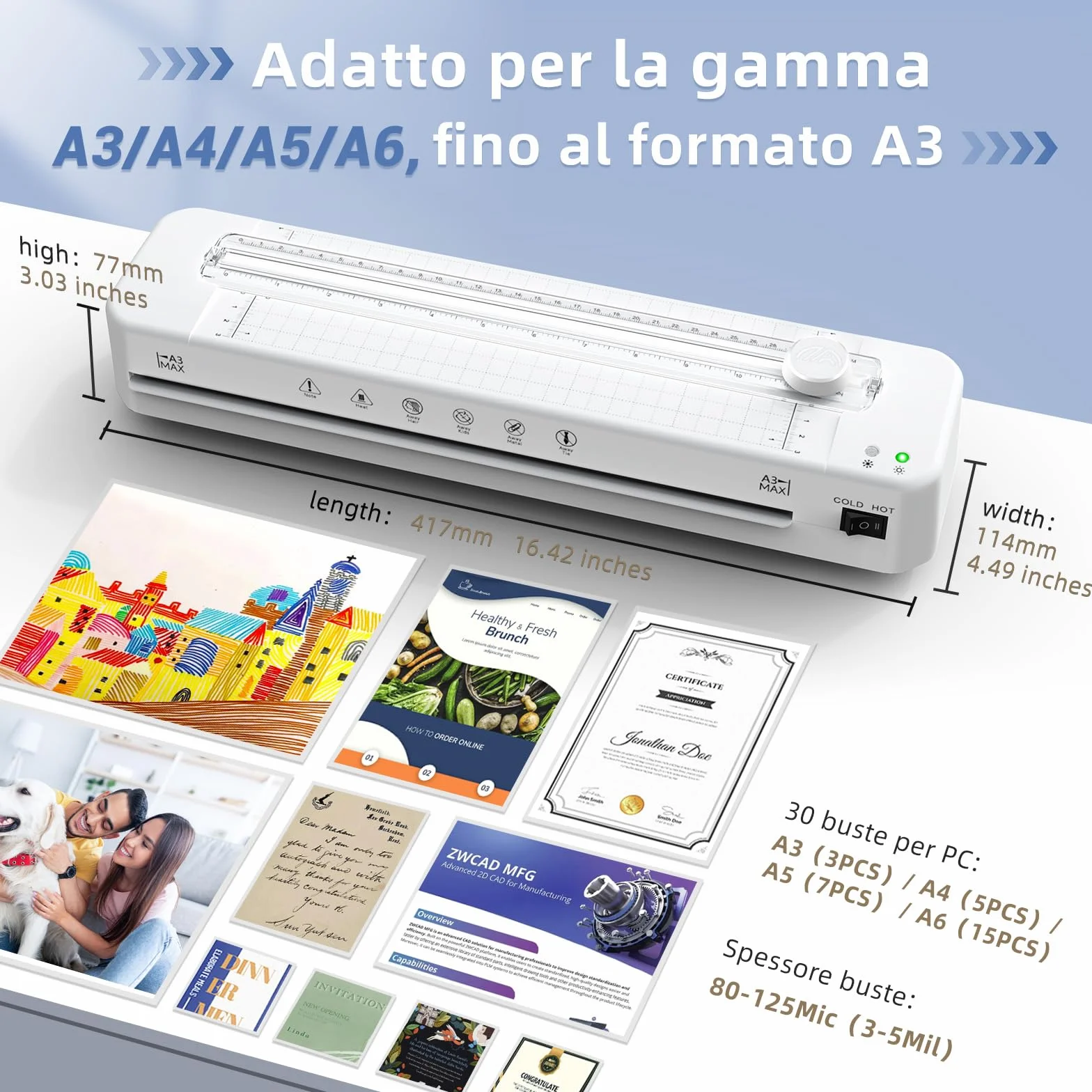 Plastificatrice A3,30 buste di plastificazione,Adatto per A3/A4/A5/A6,A3 Plastificatrici con taglierina di carta e angolo rotondo,Set Plastificatrice a caldo e freddo per ufficio,casa,scuola
