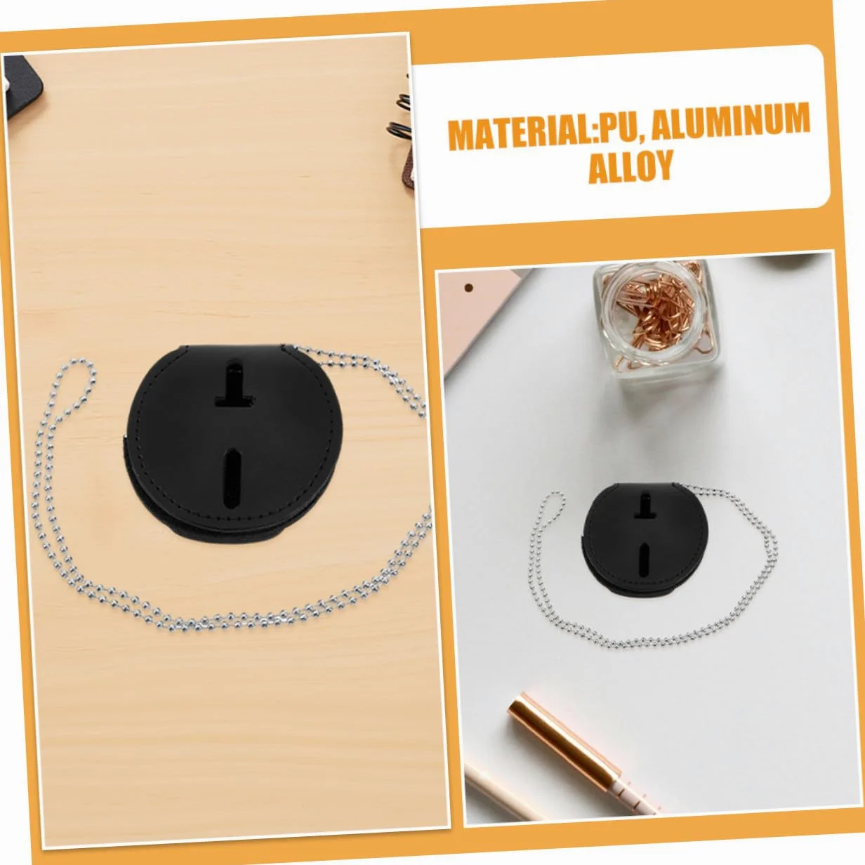 Porta Badge Circolare 7 Pezzi in Pu con Clip e Catena | Lega di Alluminio, Cordino da Collo Incluso, Nero, Uso Quotidiano e Eventi