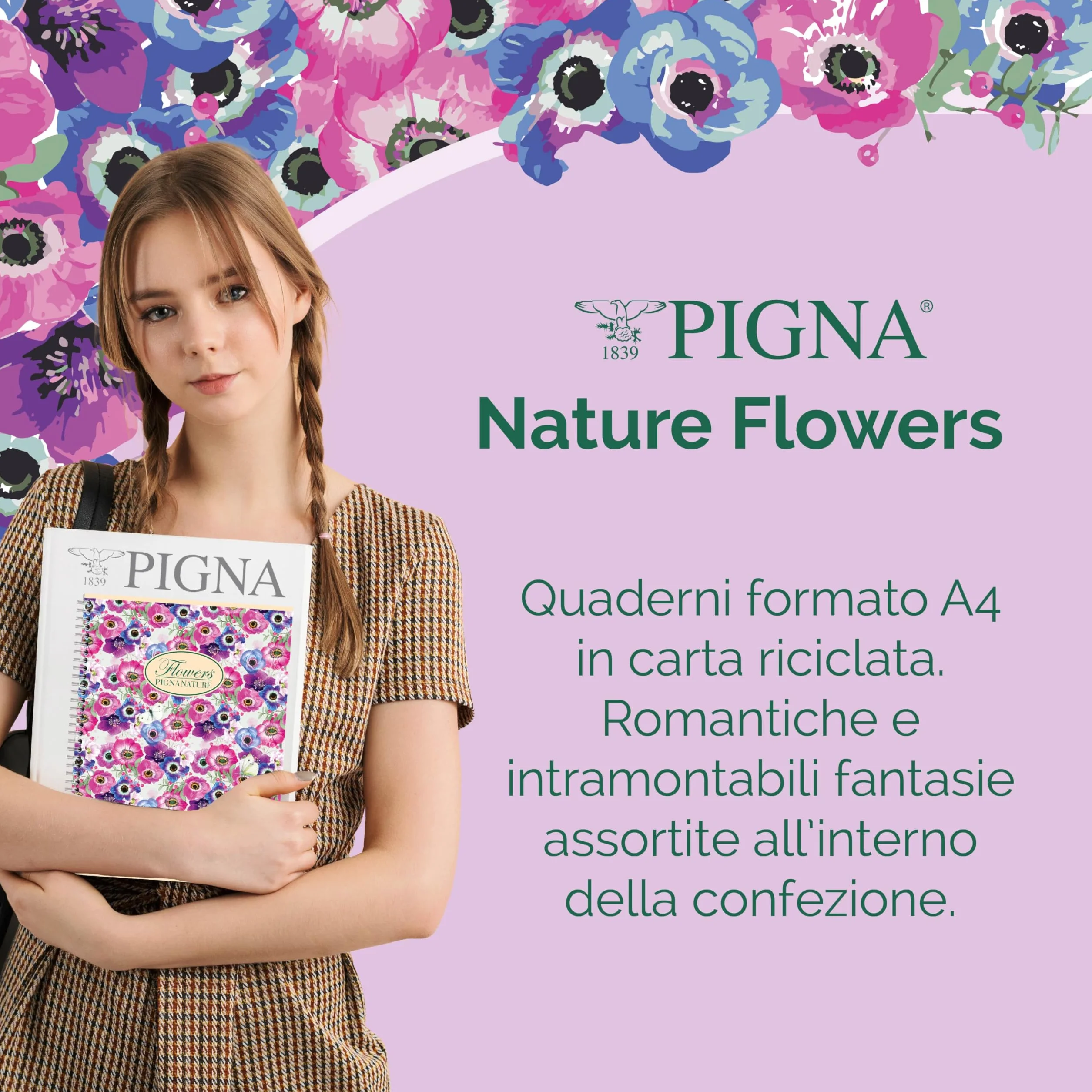 Pigna Maxi Quaderni Nature Flowers A4 21x29,7 cm 1R Righe 80 gr Carta Riciclata 10 szt