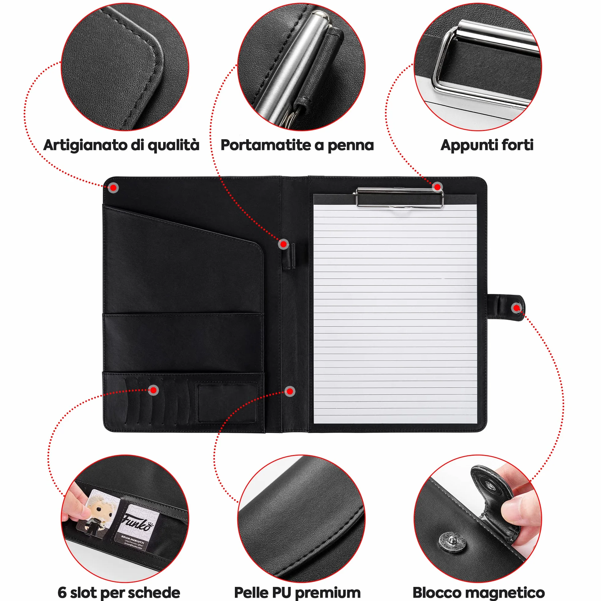 Cartellina Portadocumenti A4 in Pelle PU con Portablocco, Blocco Note, Organizer Documenti e Chiusura Magnetica