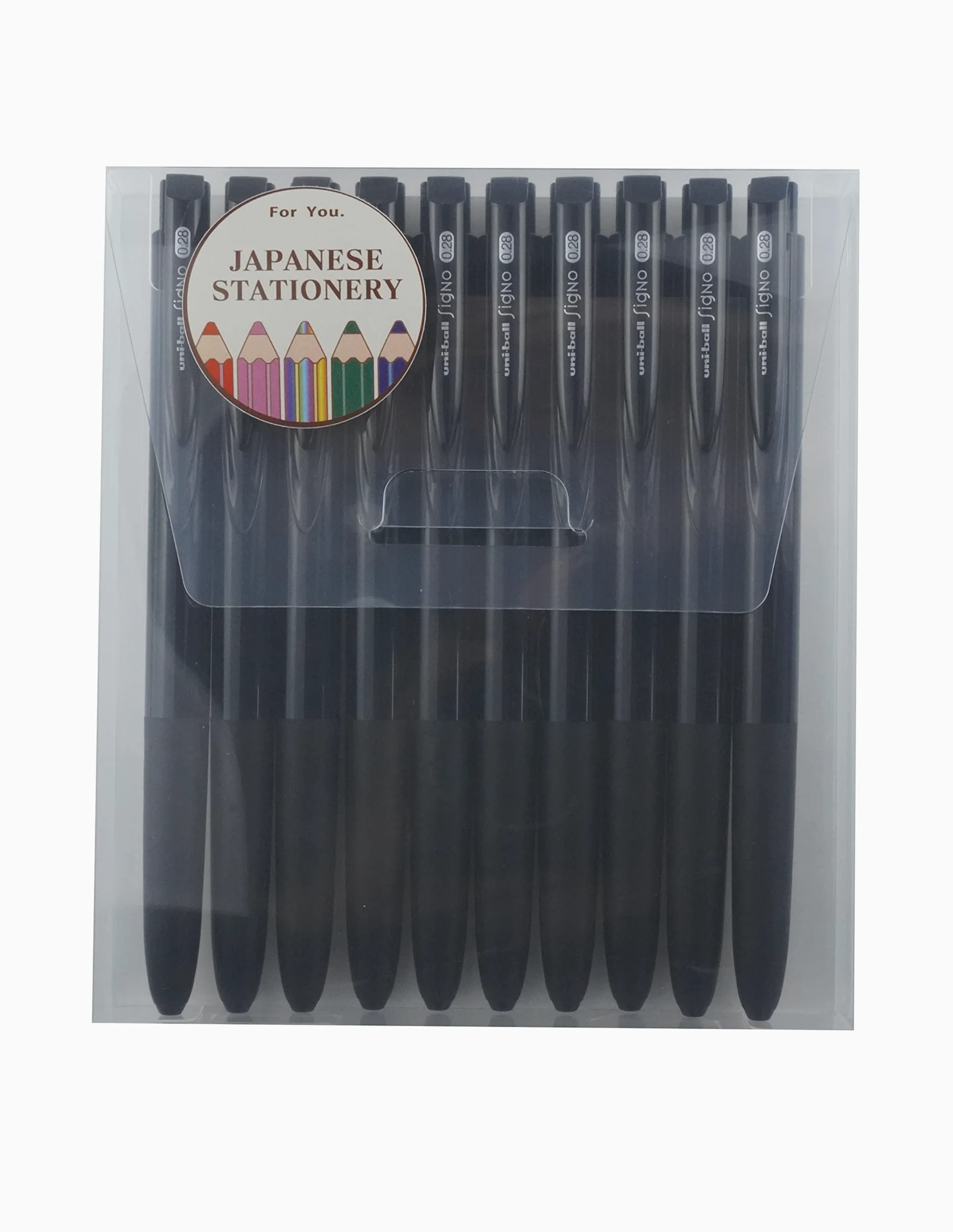 Uni-ball RT1, penna a inchiostro gel retrattile, 0,28 mm, inchiostro nero, 10 pezzi, con astuccio originale MIYABI Stationery Store (UMN-155-28x10)