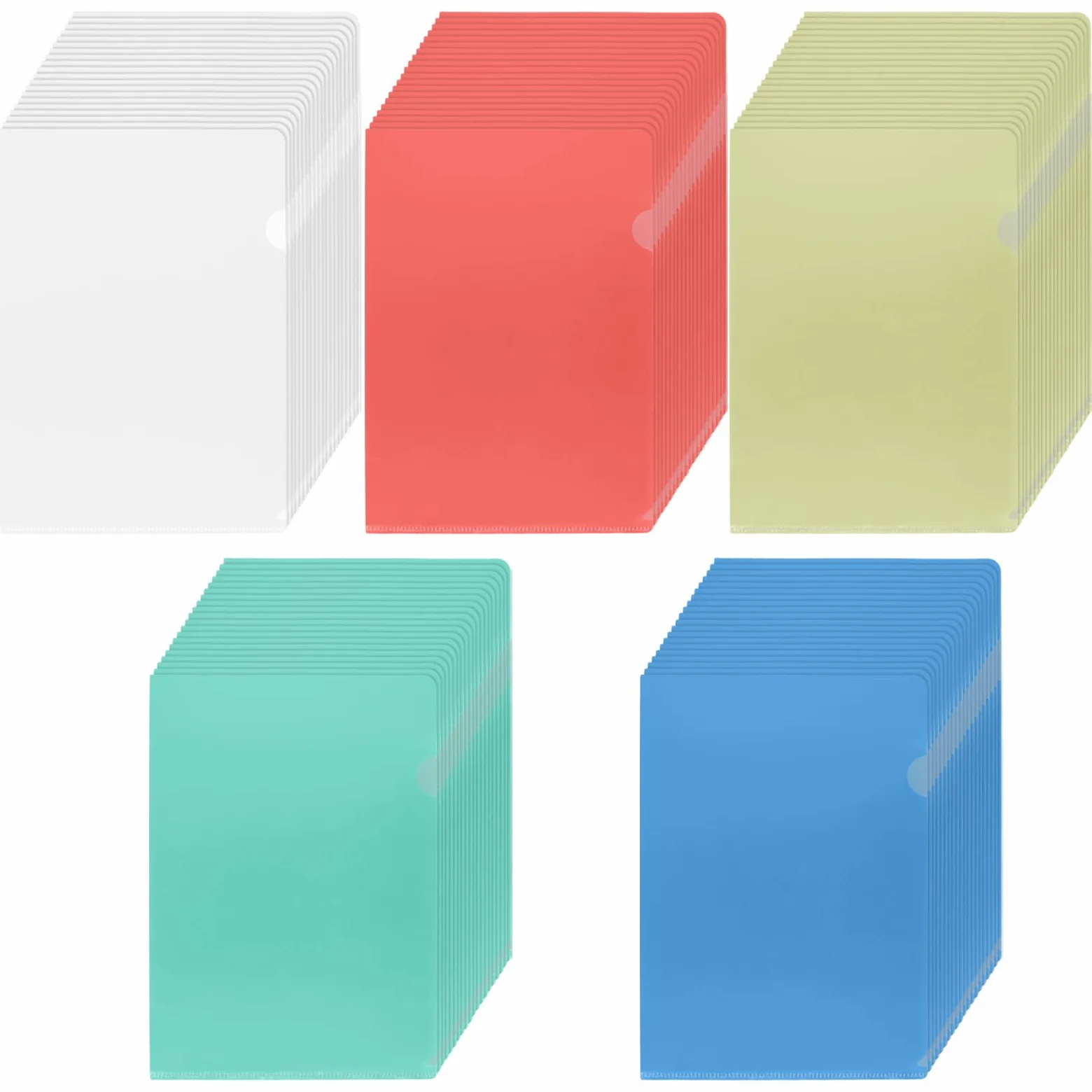 KEILEOHO 100 Cartelline in plastica A4, 180µ, Buste Trasparenti portadocumenti, Colorate Cartellina A4, aperte lateralmente, per ufficio e scolastico, 5 colori, trasparente, rosso, giallo, verde, blu