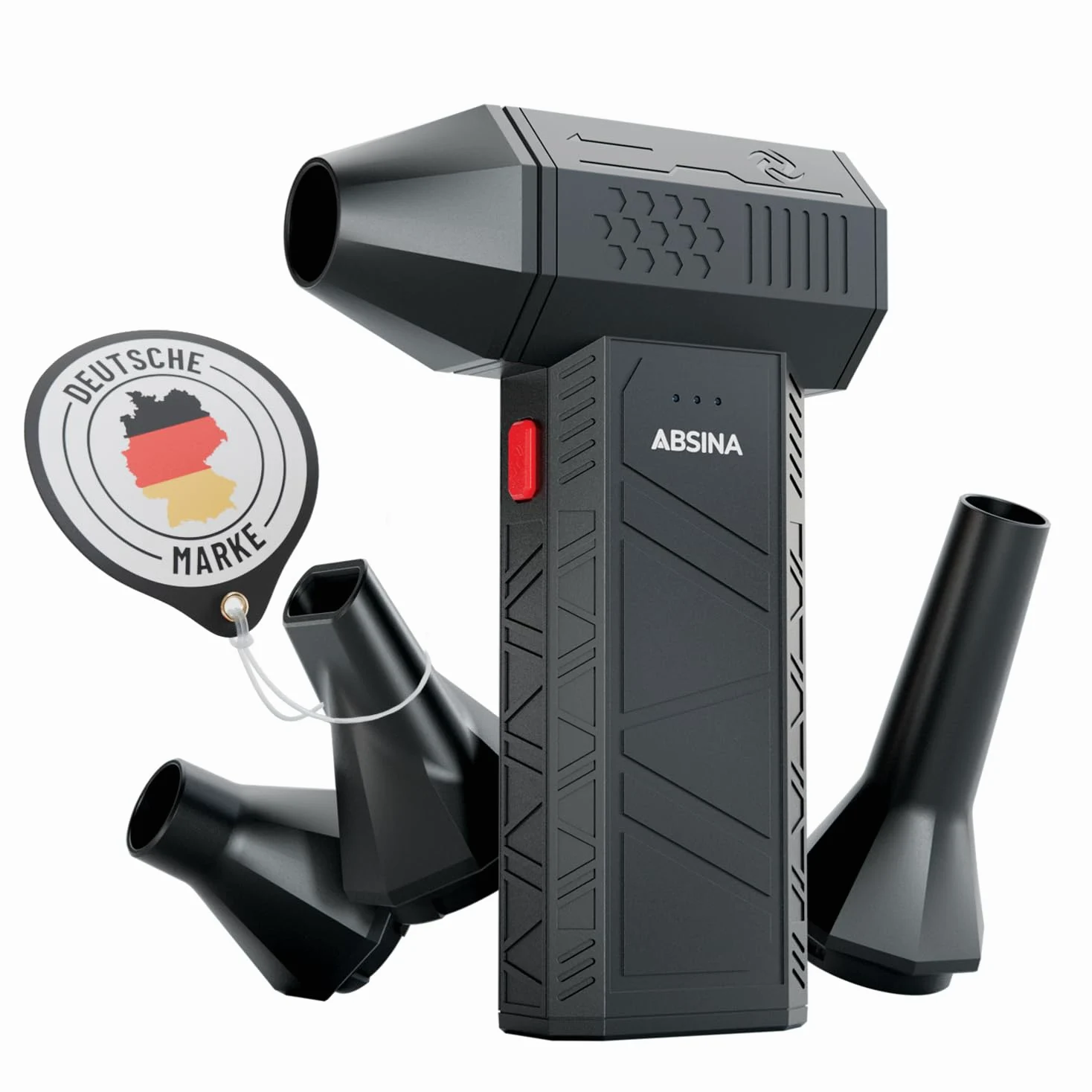 ABSINA Soffiatore a batteria potente 110.000 giri/min 3 livelli | pistola aria compressa ricaricabile con 4 ugelli - per PC, casa, auto e altro - soffiatore portatile