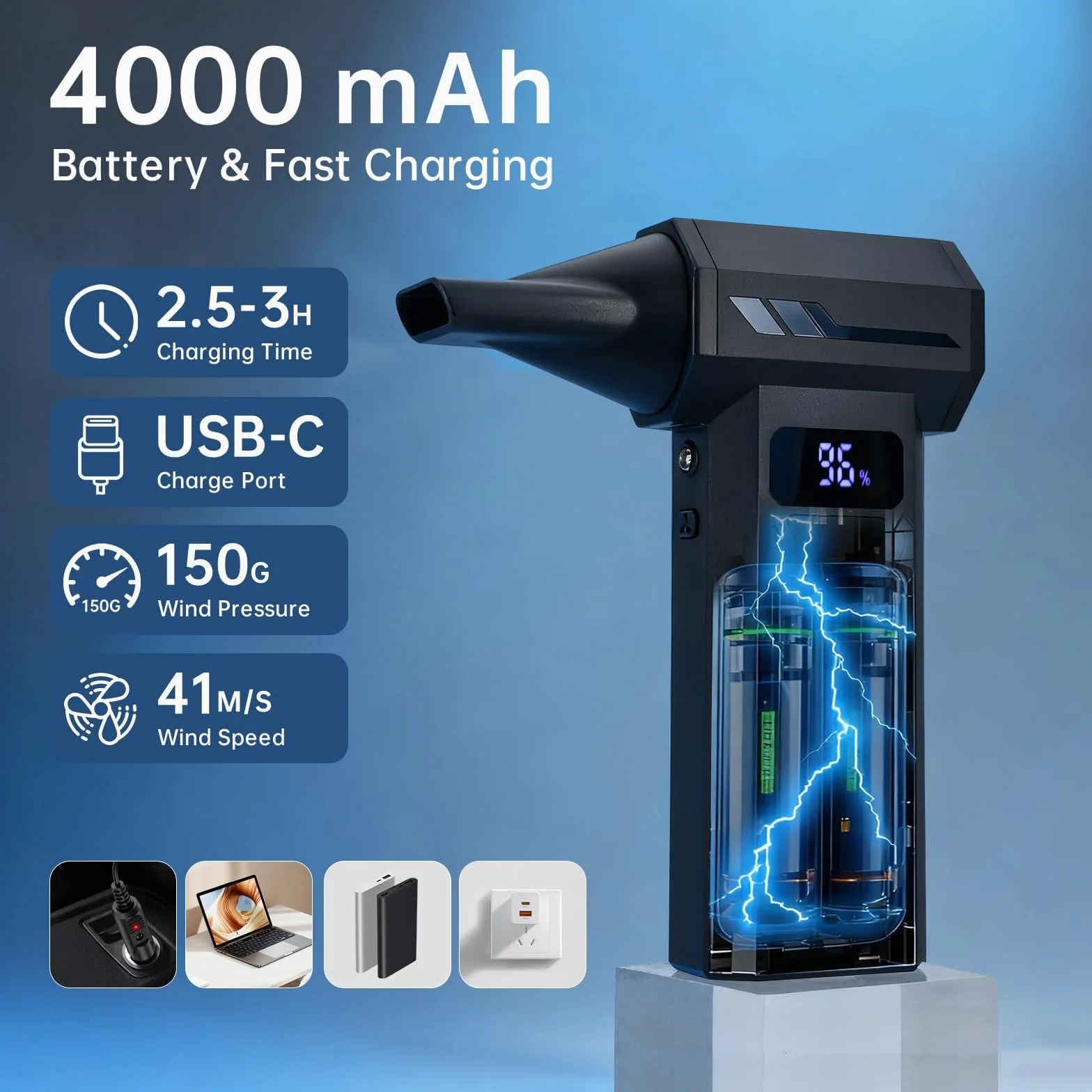 Aria Compressa Elettrico 4 Velocità – Soffiatore Portatile 4000 mAh con LED | Velocità Max 110.000 RPM, Autonomia 20-60 min, 5 Ugelli + 10 Spazzole, Ricarica Rapida 2,5 ore, per PC/Auto/Divani/Tastiere