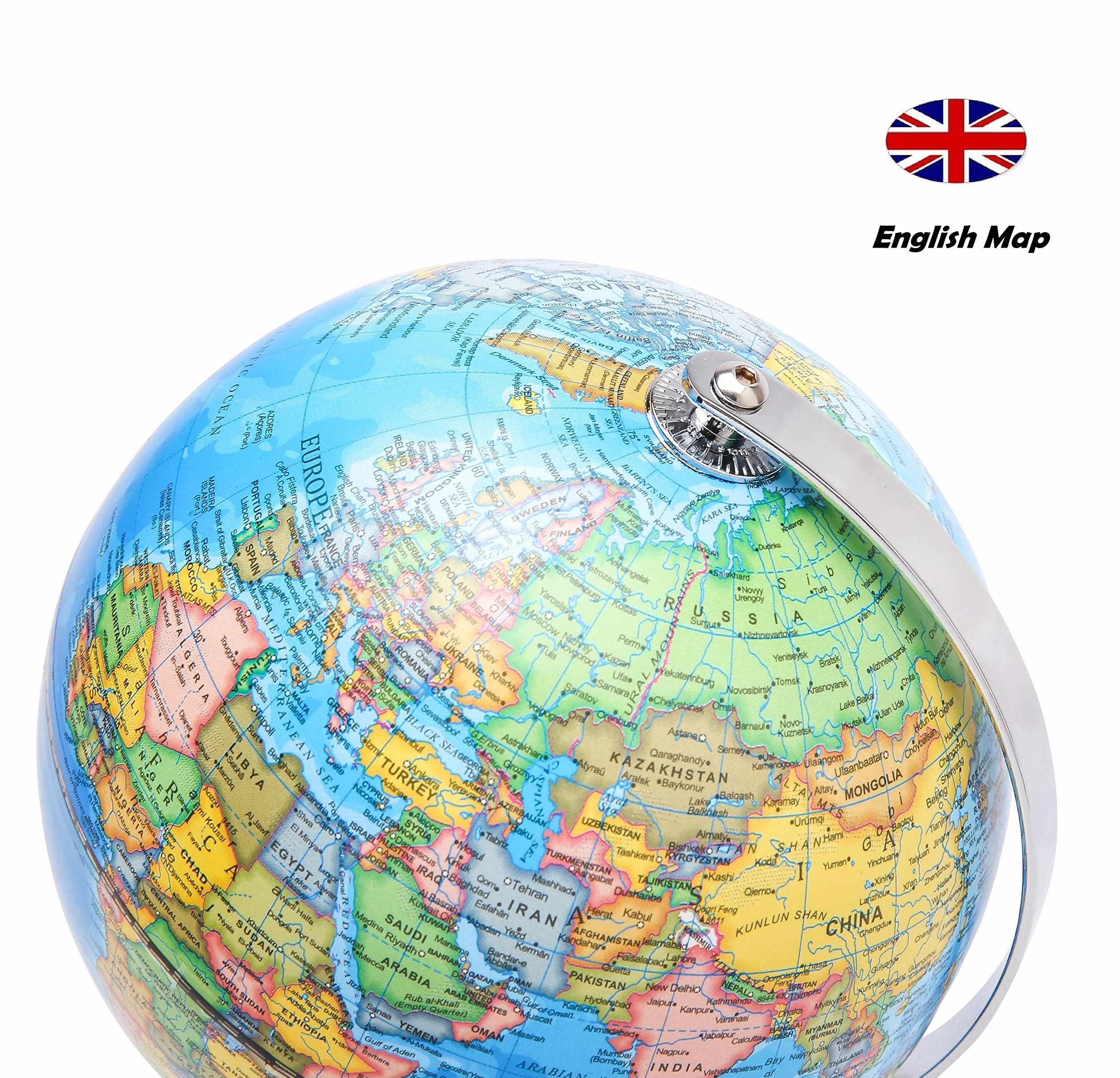 Exerz 20cm Mappamondo - Mappa Inglese - Con Base In Metallo Globo Della Scuola Decorazione/Educazione/Geografica/Moderna - Mappa politica - Diametro 20cm - Blu