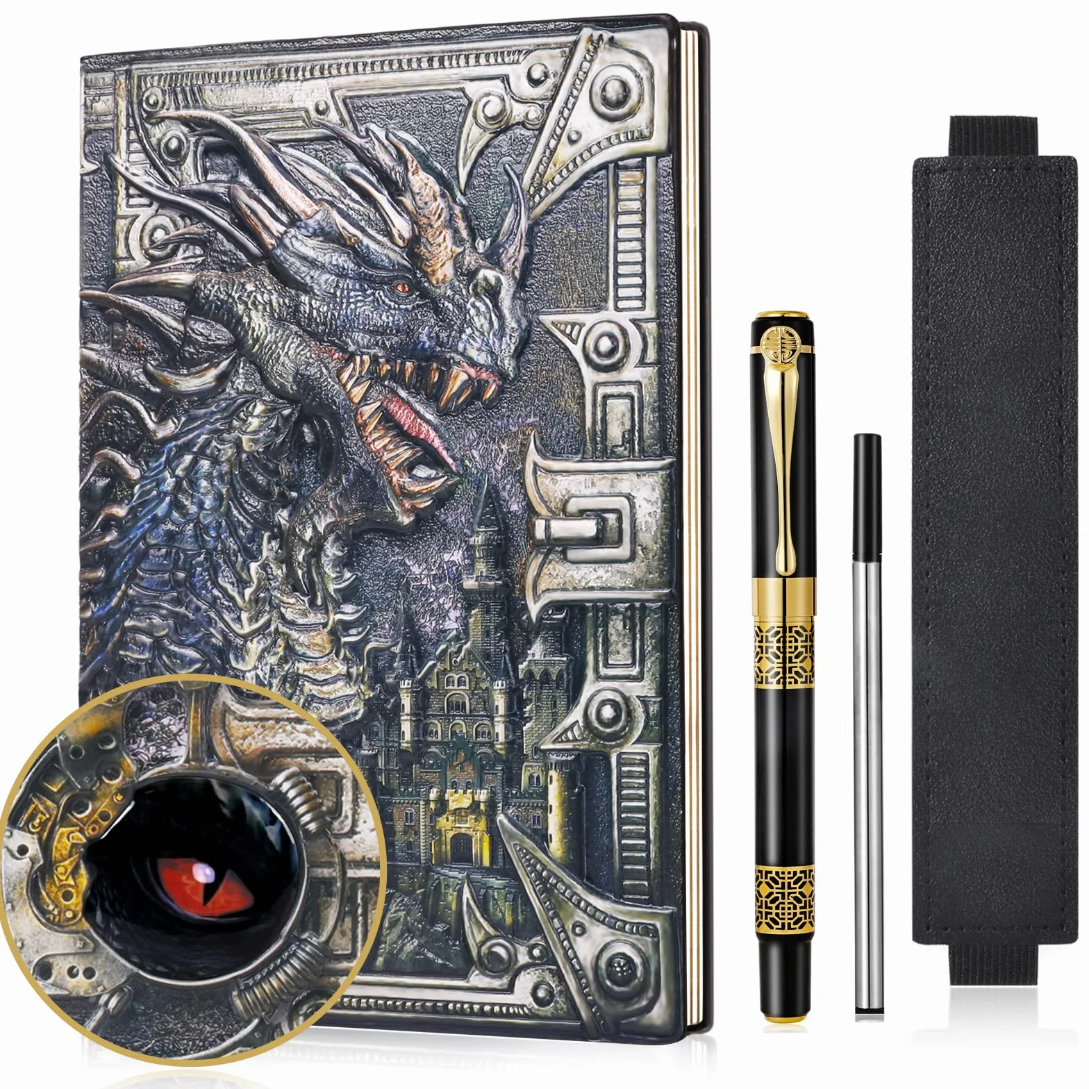 JiaoJiRen DND Dragon Diario di viaggio in pelle goffrata 3D A5 vintage con custodia per penna e penna