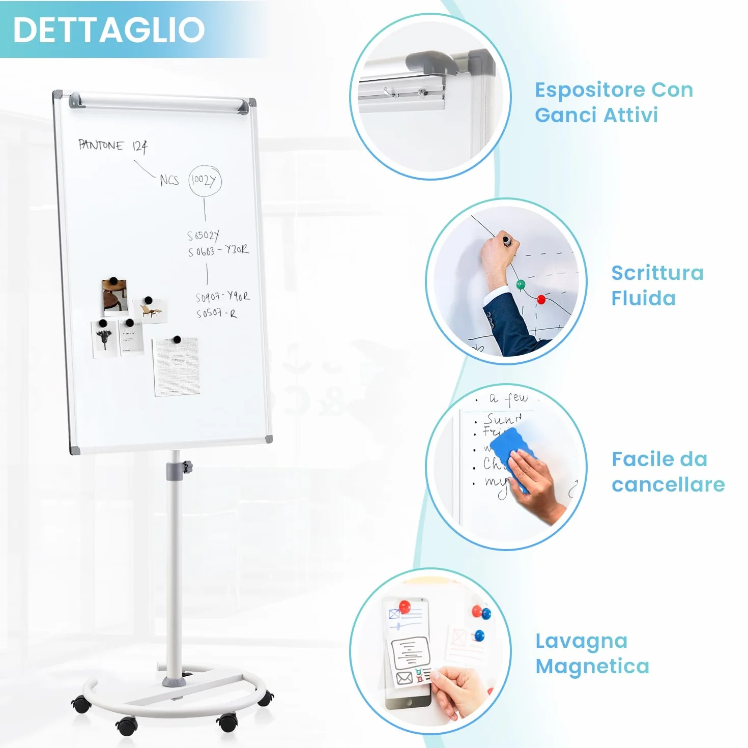 S SWANCROWN Lavagna a Fogli Mobili 100x70cm con Rotelle, Lavagna Magnetica con Cavalletto Altezza Regolabile Ufficio
