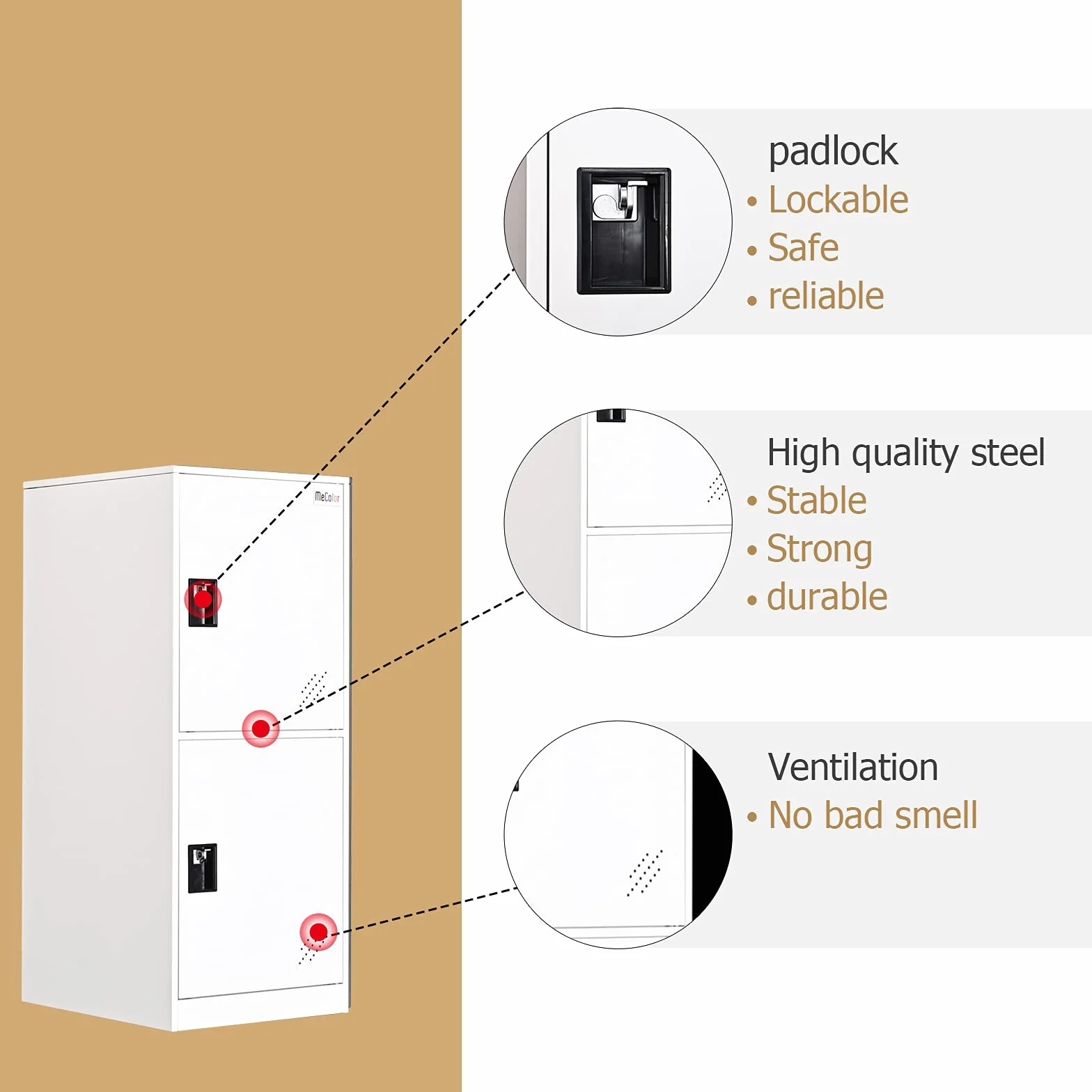 MECOLOR Armadietto verticale singolo con lucchetto a 2 o 3 scomparti per dipendenti, casa, ufficio, scuola, bambini (bianco pieno, P2V)