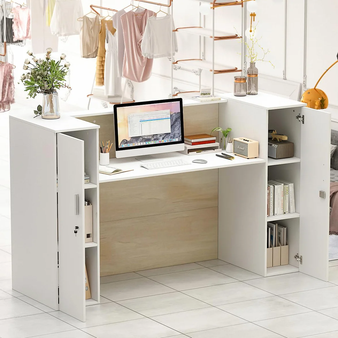 Banco reception, banconi per reception grandi, reception tavolo bancone con ripiani regolabili, banco reception ufficio bancone, colore legno e bianco, 180 X 60 X 110 cm, MDF