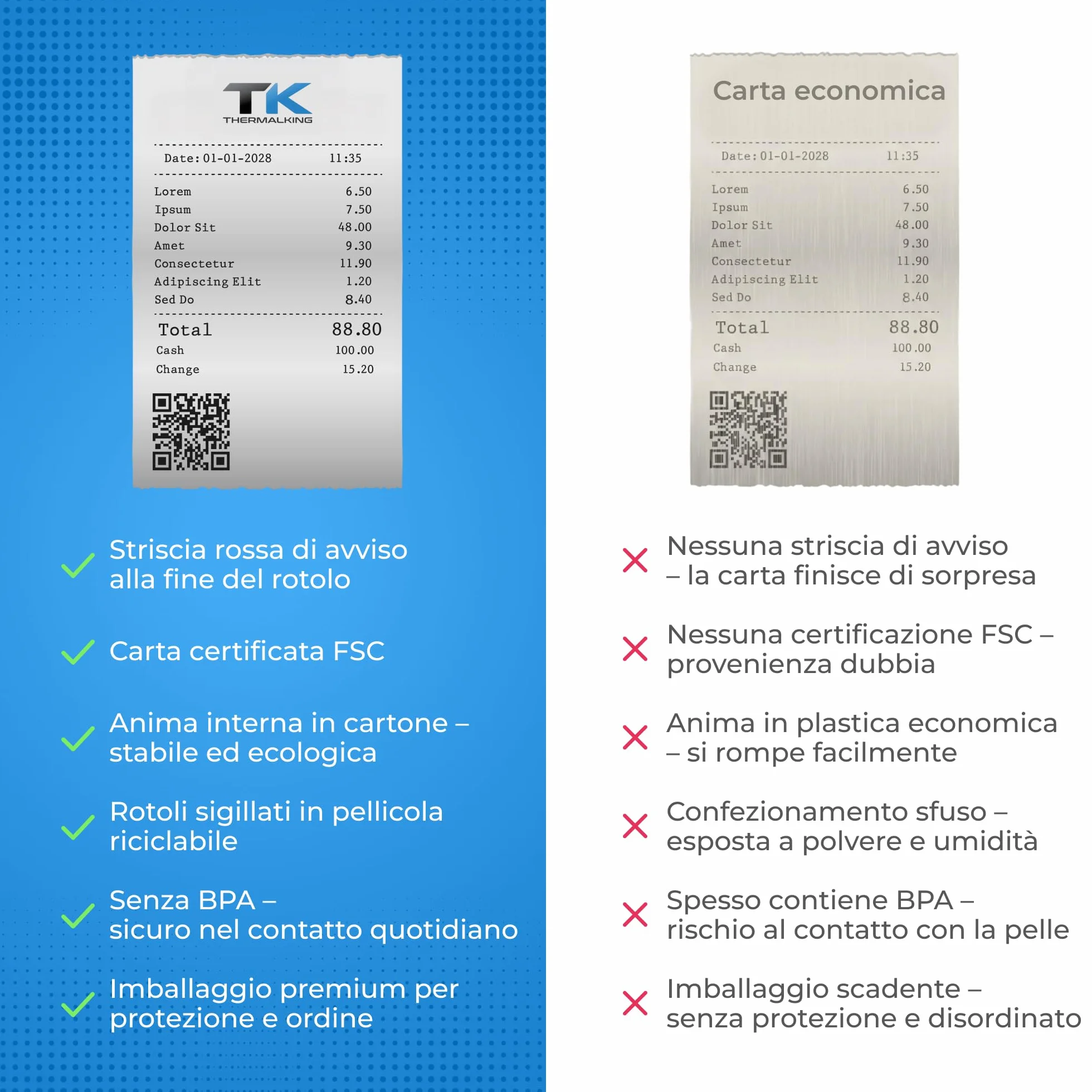 THERMALKING - Rotoli POS 57x35x12 di carta termica per ricevute Bancomat - Rotolini compatibili con dispositivi POS - Rotolo carta termica 57mm x 14m x 12mm - [50x]