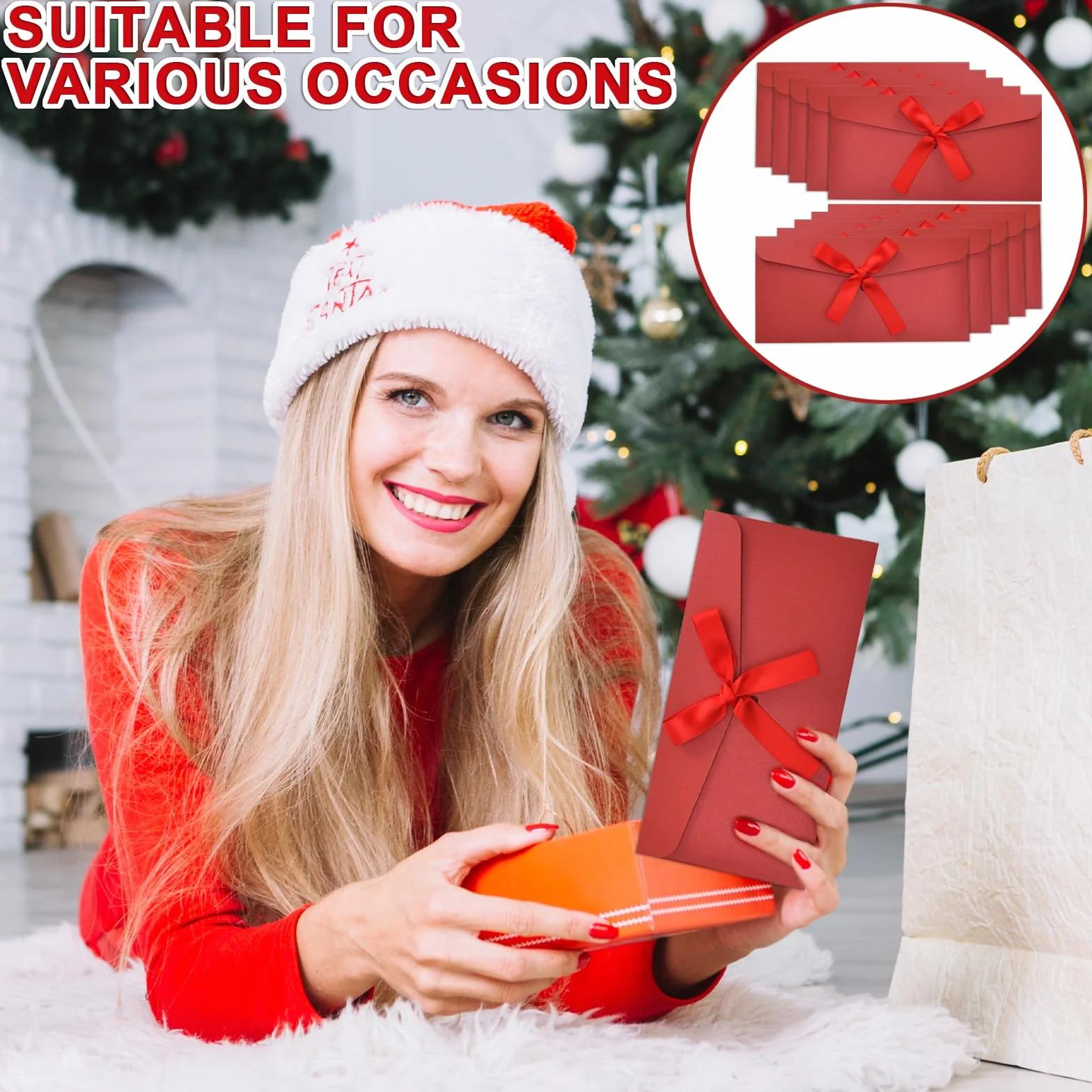 Buste Regalo in Carta Kraft Retro Rosso 22 x 11 cm con Nastro per Biglietti Auguri