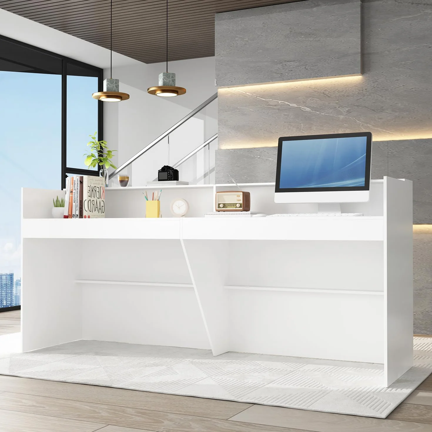 Grande bancone di ricezione con grande superficie di lavoro, casse di ricevimento, banco di reception, bancone negozio, banco di vendita, mobile reception, bianco, MDF, 220 cm x 60 cm x 100 cm