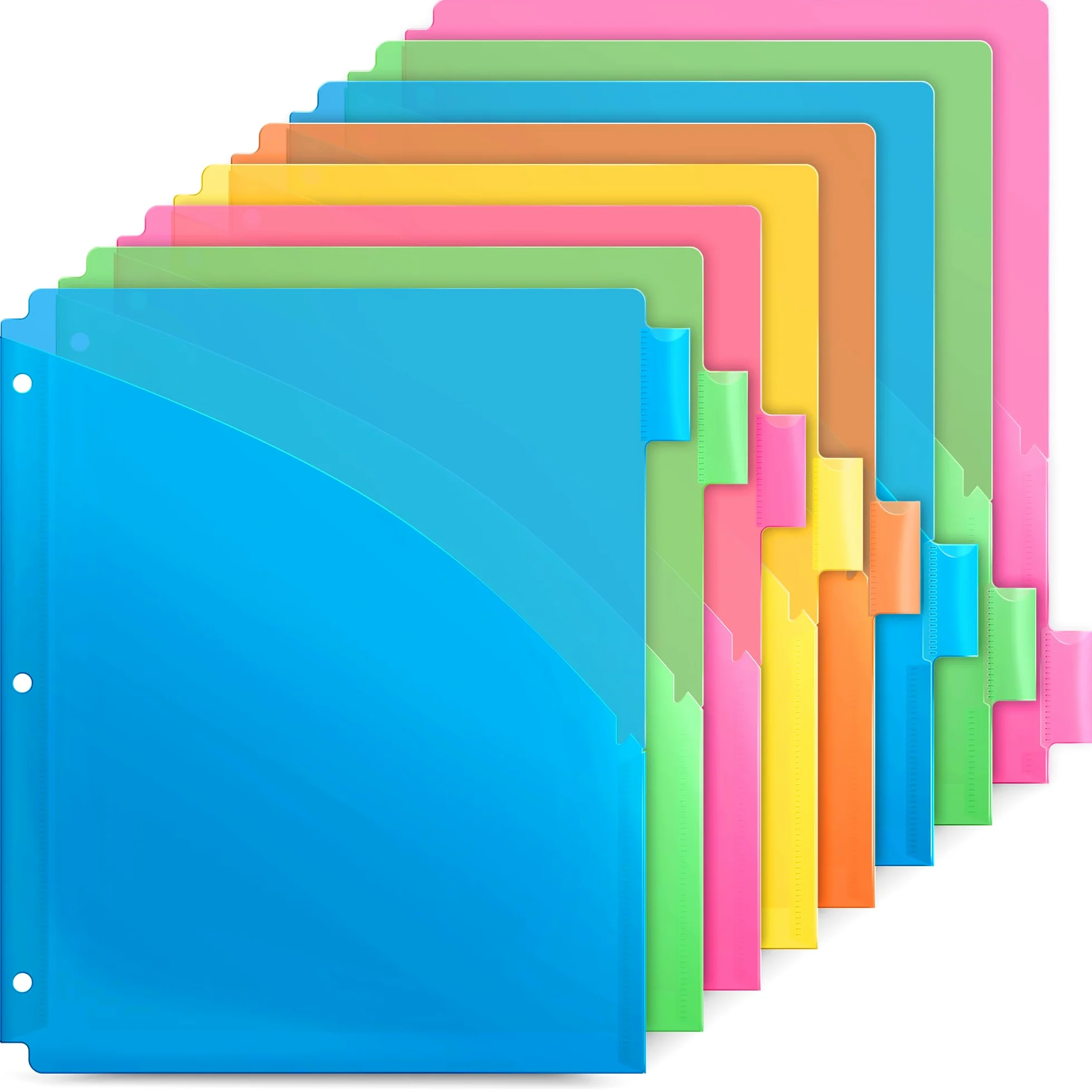 Dunwell Divisori a 2 tasche con 8 linguette (6 set, 48 pezzi), 5 colori, in plastica, 8 divisori per raccoglitori a 3 anelli, include inserti per etichette, poliestere resistente senza acidi
