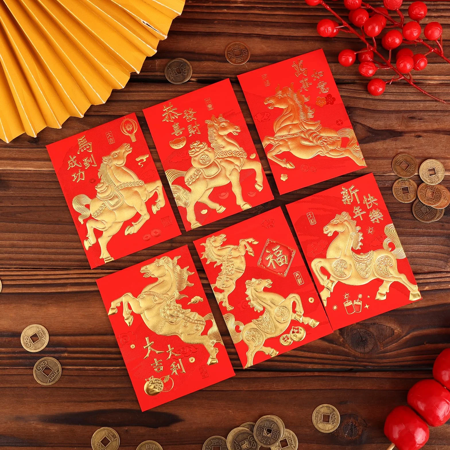Buste Rosse per Capodanno Cinese 2026 Feng Shui 11,5x8cm 36pz con 50pz Monete Cinesi (6 Stili)