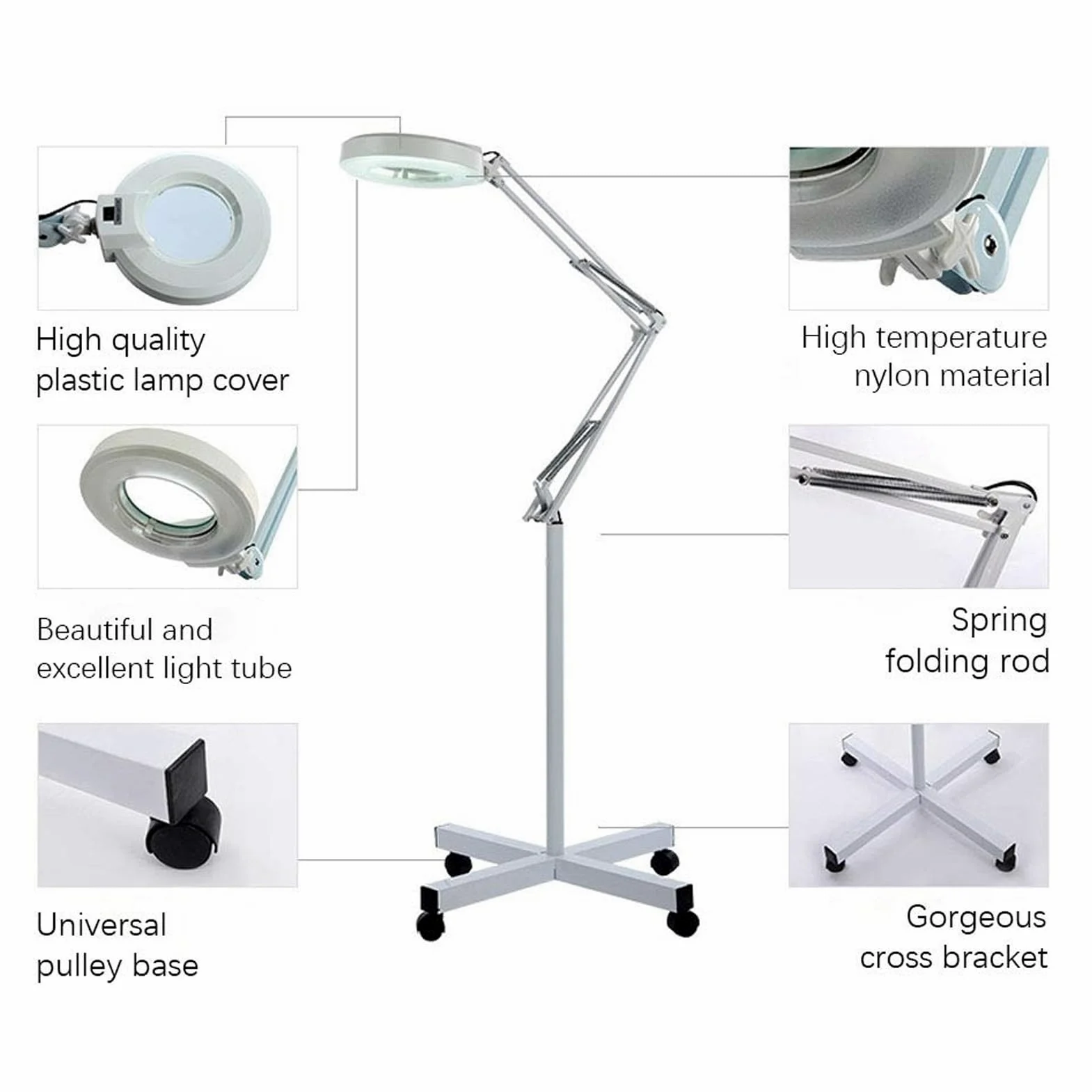 Lampada da Terra con Lente d;ingrandimento, Luce LED, Design Pieghevole e Ruote girevoli per lavori di Bellezza e Dettagli Professionali