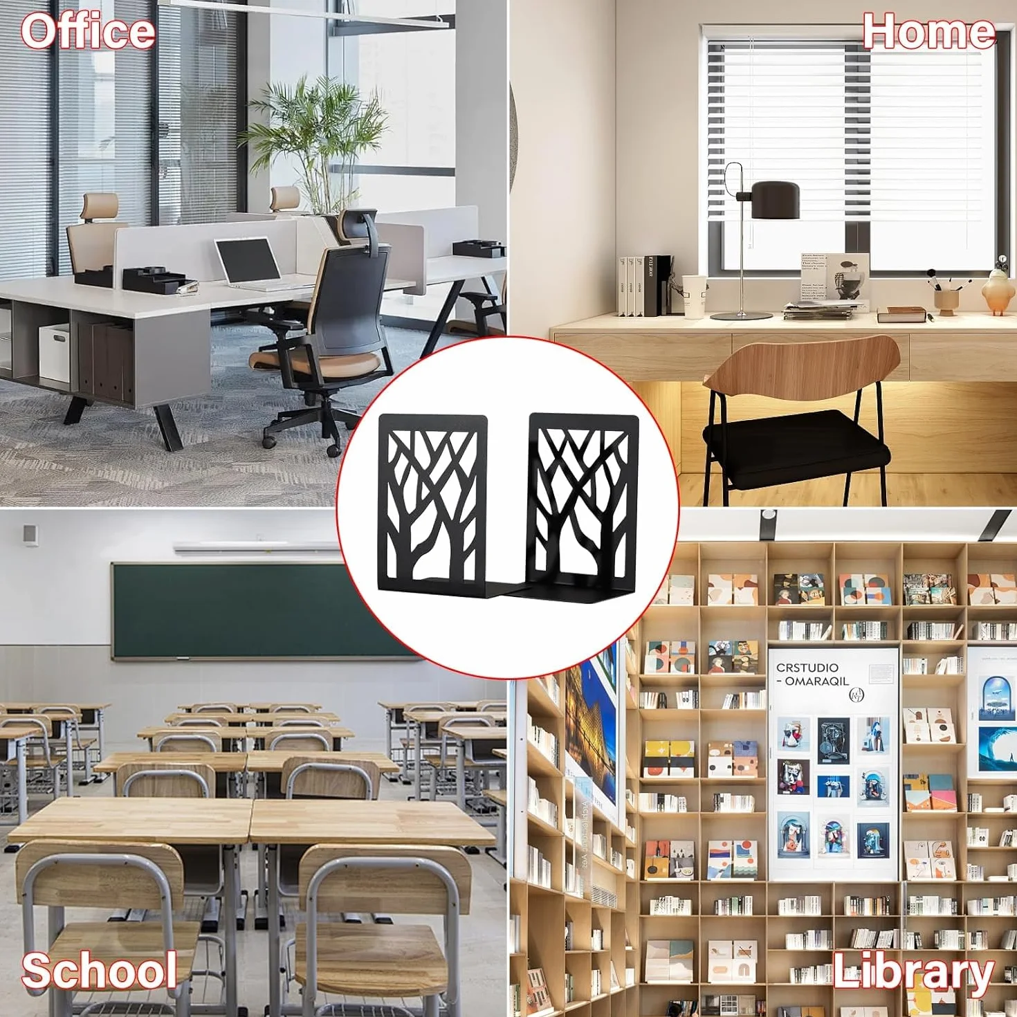 Fermalibri in Metallo per Scaffali, Bookends con Antiscivolo, Bianco