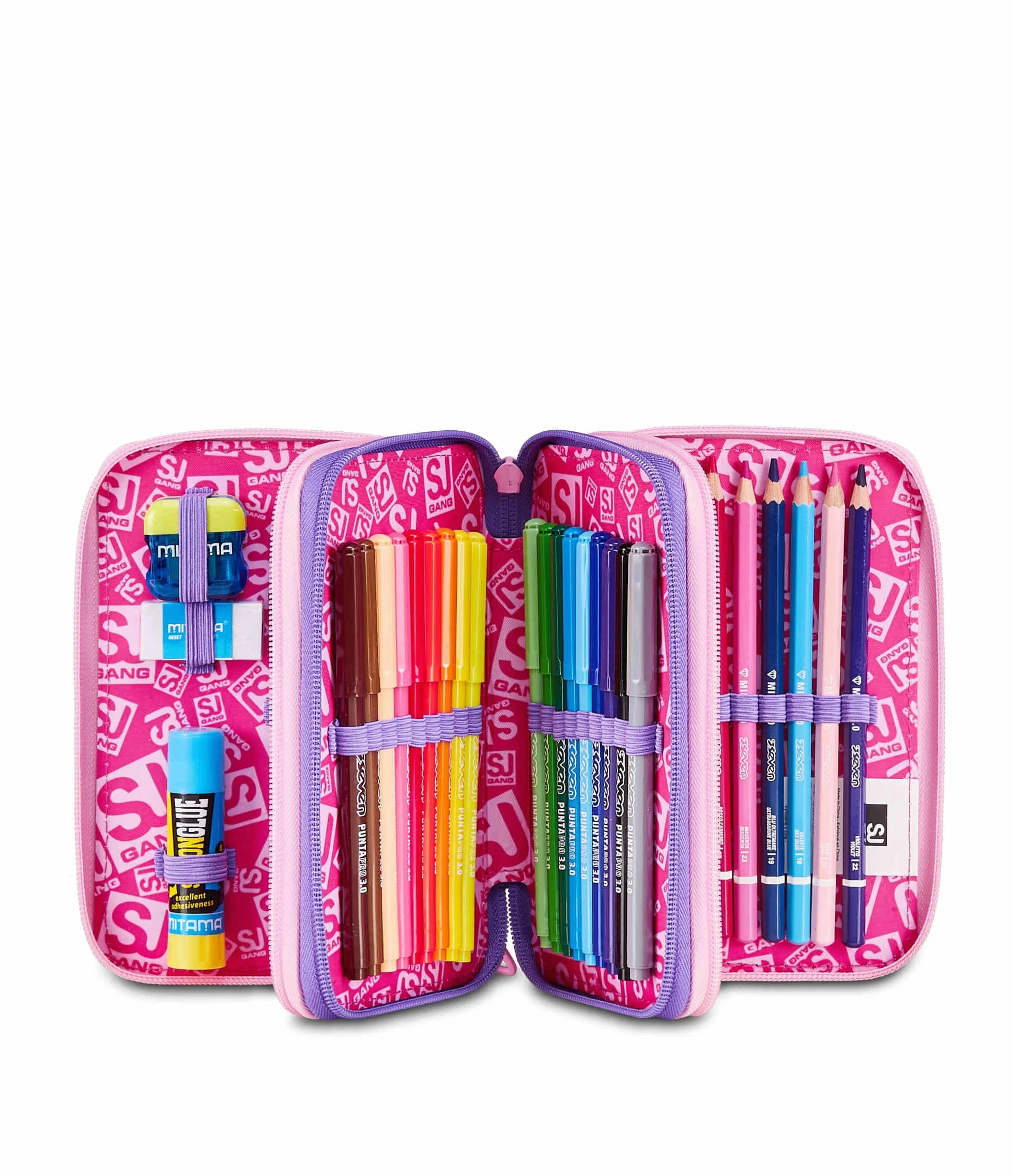 Astuccio Scuola 3 Zip 3D GLOWCAT Rosa Triplo Scomparto Scocca semi rigida 45 pezzi