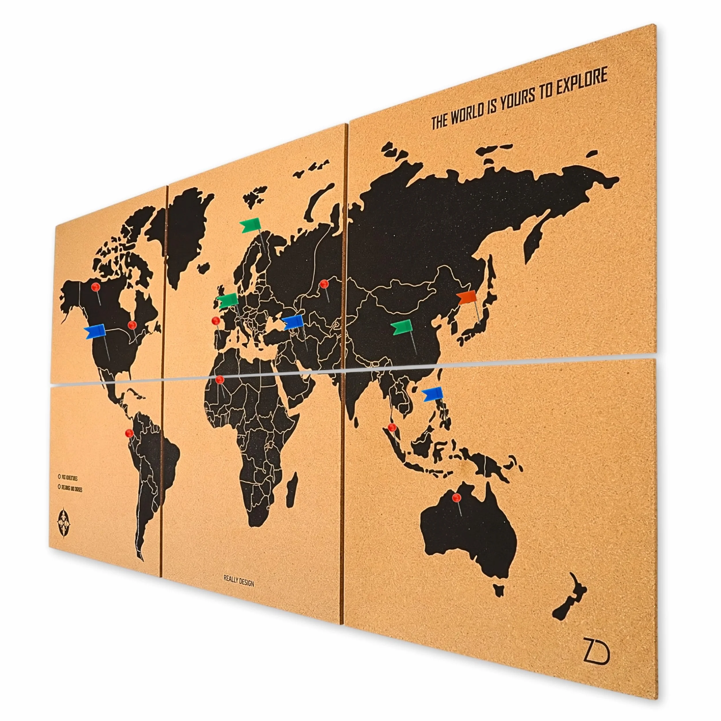 Mappamondo da Parete 90x45 cm – 6 Pannelli Autoadesivi in Sughero – Mappa del Mondo con Puntine – Planisfero Segna Viaggi – 60 Puntine Incluse