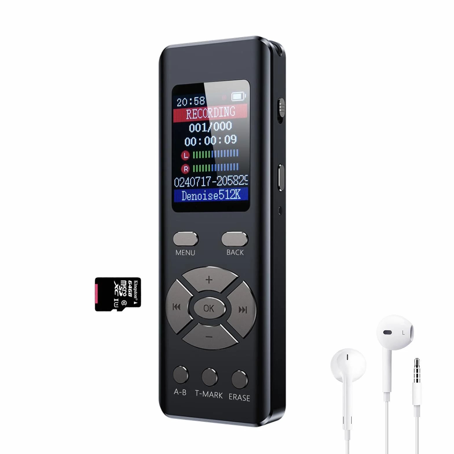 Registratore vocale digitale 64G, dittafono MP3 con funzione loop A-B, registrazione HD 1536 Kbps