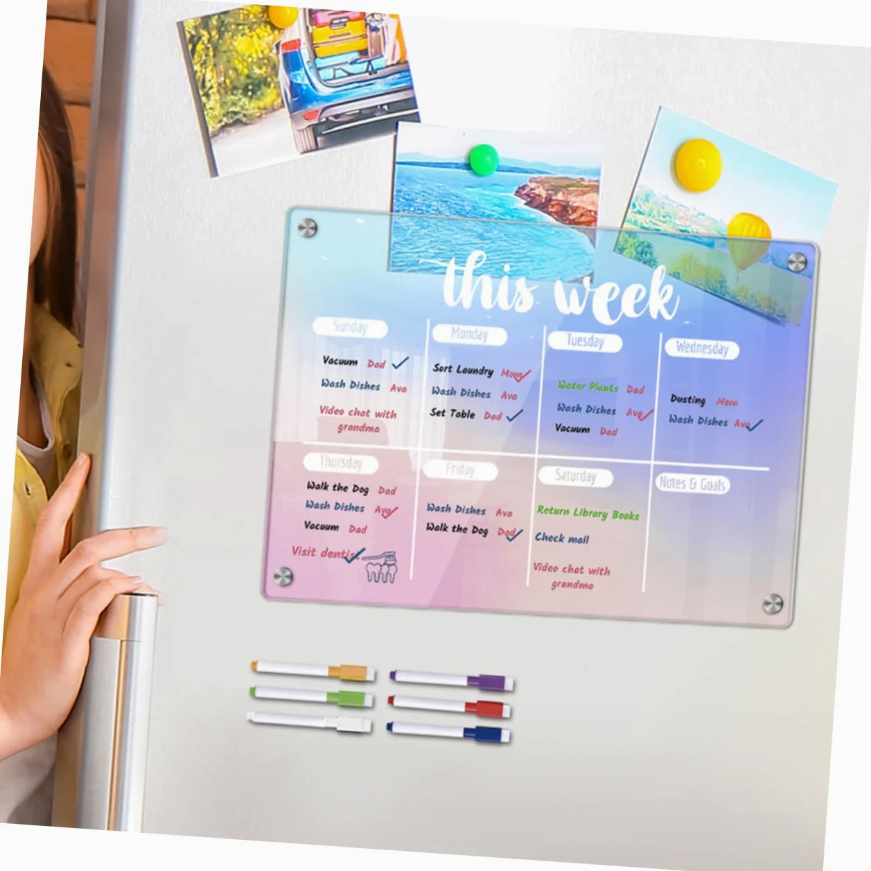 Planning Board Magnetico Settimanale in Acrilico, Set 7 Pezzi | Promemoria Giornalieri, Aderisce al Frigorifero, Superficie Cancellabile a Secco, Non Lascia Residui