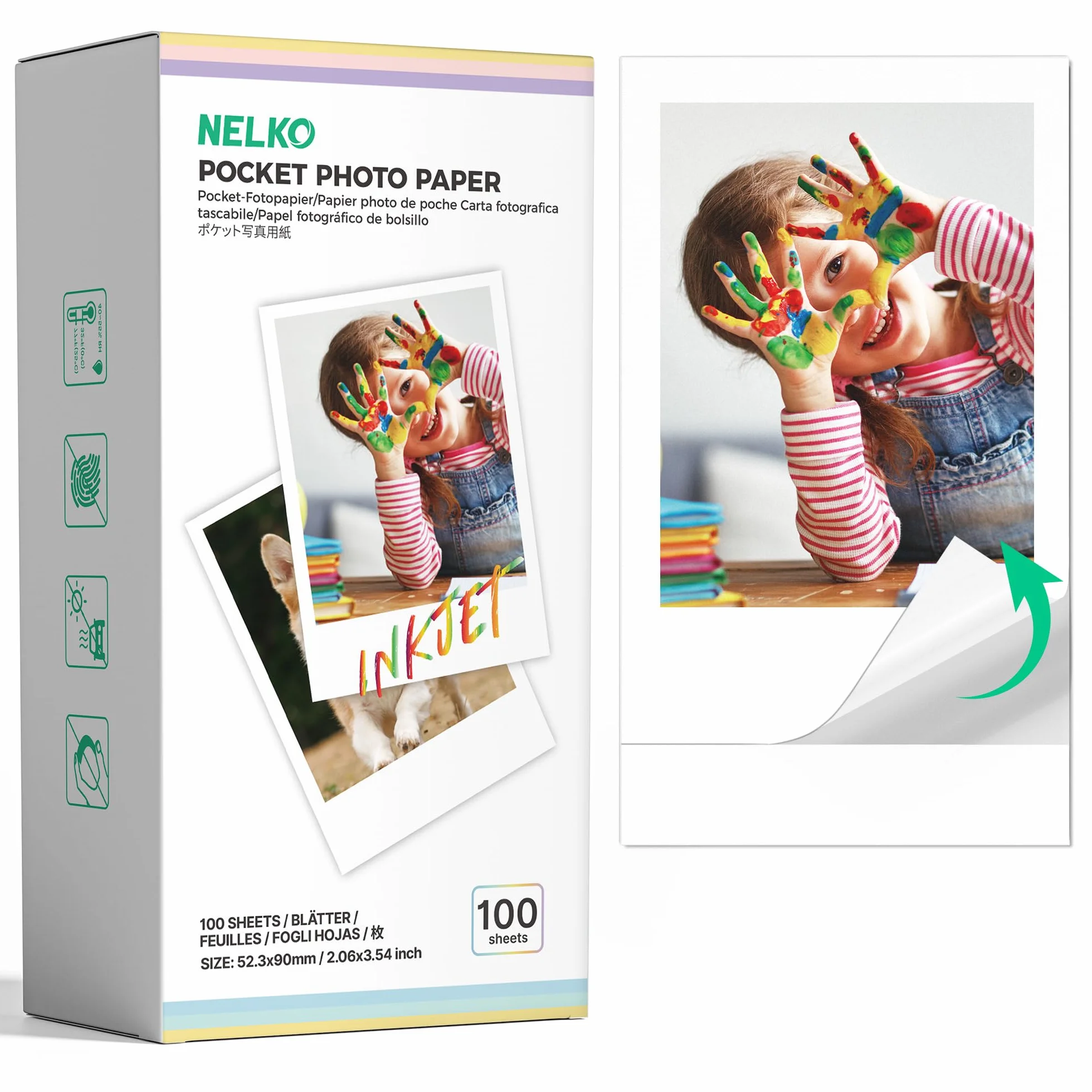 Nelko Carta Fotografica Premium 52.3x90mm 100 Fogli con Retro Adesivo per Stampante Tascabile PP01