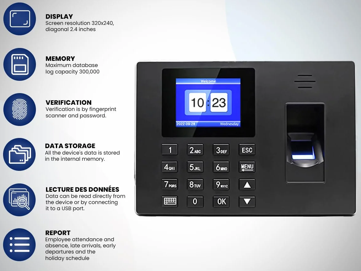 HDWR FTR06 - Orologio in macchina, Attandenza del tempo dei dipendenti, sistema di presenze e presenze, verifica biometrica di impronte digitali e password, archiviazione dati ad alta capacità