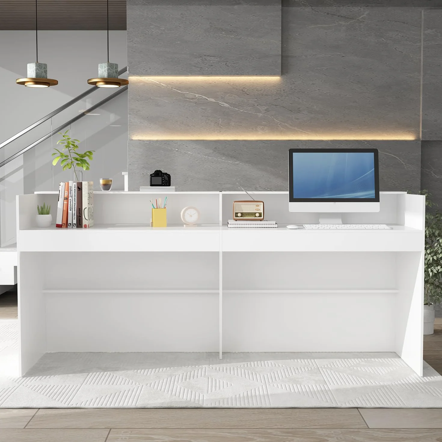 Grande bancone di ricezione con grande superficie di lavoro, casse di ricevimento, banco di reception, bancone negozio, banco di vendita, mobile reception, bianco, MDF, 220 cm x 60 cm x 100 cm