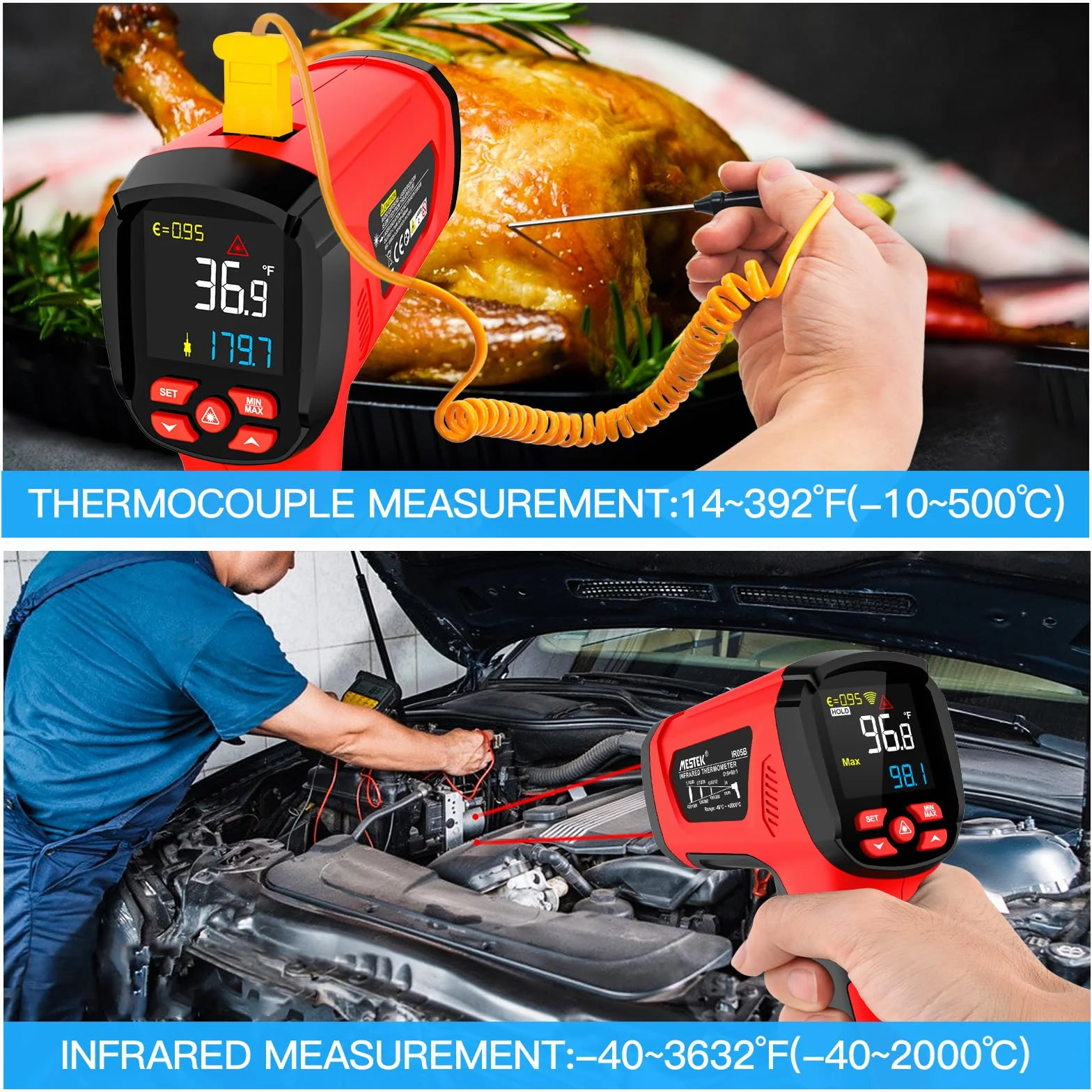 MESTEK Termometro a Infrarossi Digitale Laser -40°C~2000°C con K-Probe Senza Contatto LCD Emissività Regolabile Allarme