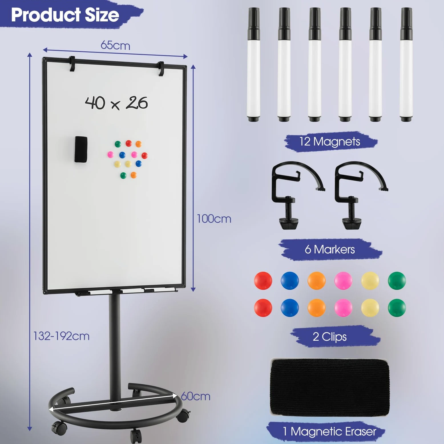 GYMAX 100 x 65 x 132-192 cm Lavagna Bianca a Secco Mobile, Lavagna Magnetica con Ruote e Supporto Regolabile in Altezza, 1 Cancellino,12 Magnetici, 25 Fogli di Carta, 6 Penna, 2 Graffette (Nero)