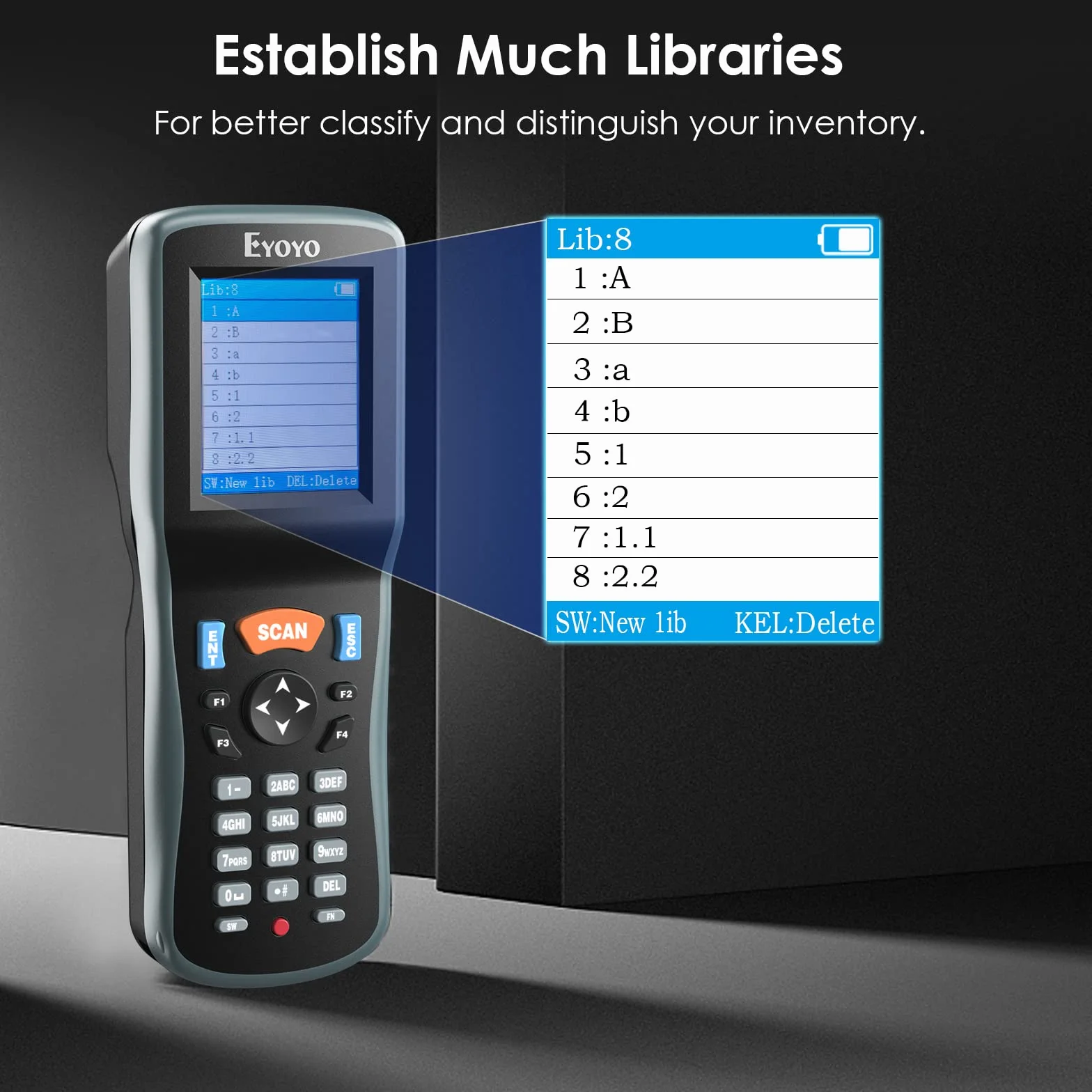 Eyoyo Lettore di Codici a Barre 2D, Inventario Barcode Scanner Data Collector, 1D QR Wireless Terminale Dati Portatile Dispositivo di Inventario with 2.2in TFT Colori LCD Screen per Warehouse Express