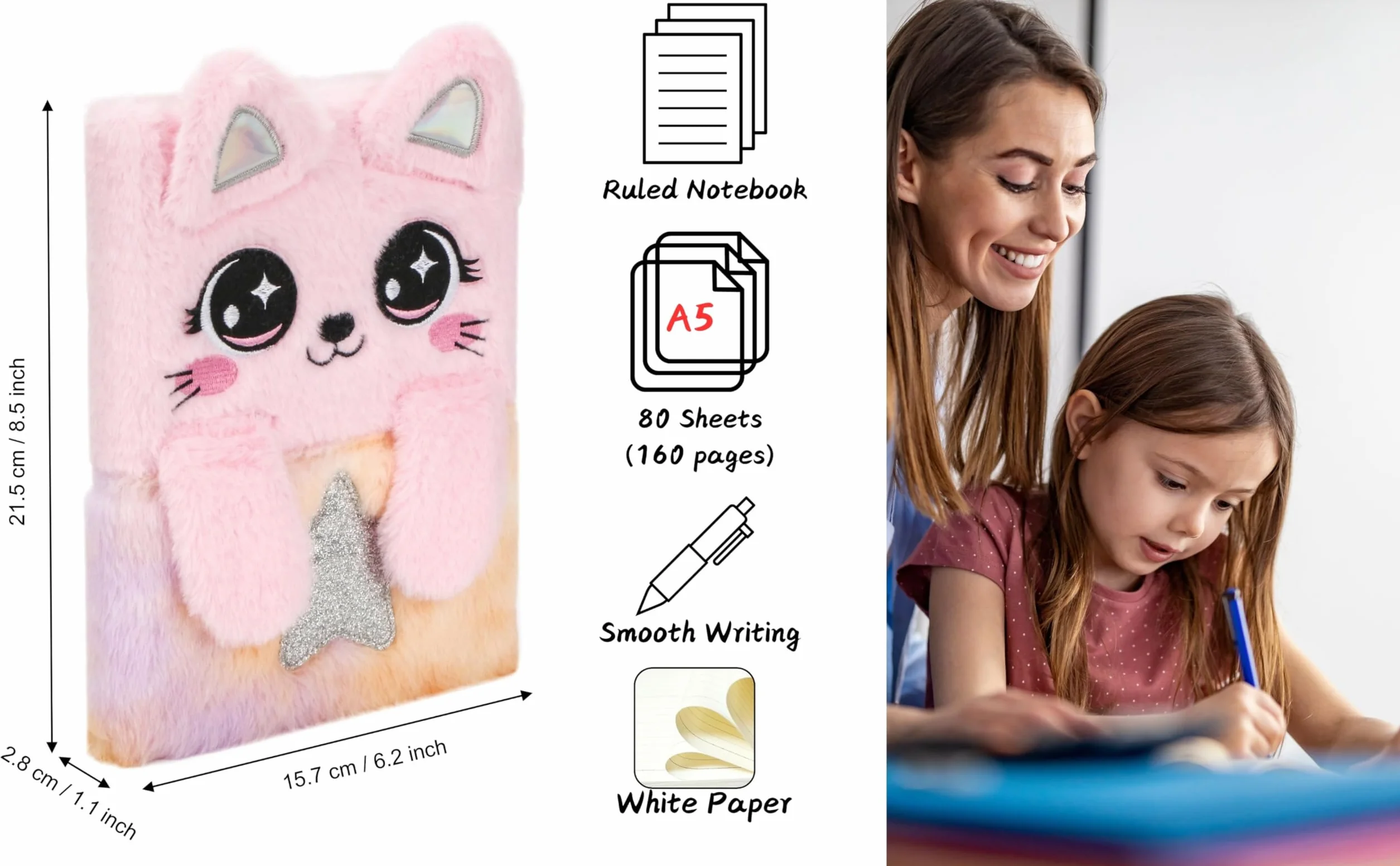 Exerz Quaderno A5 Gatto Rosa Antistress Orecchie Zampe Pieghevoli 160 Pagine a Righe