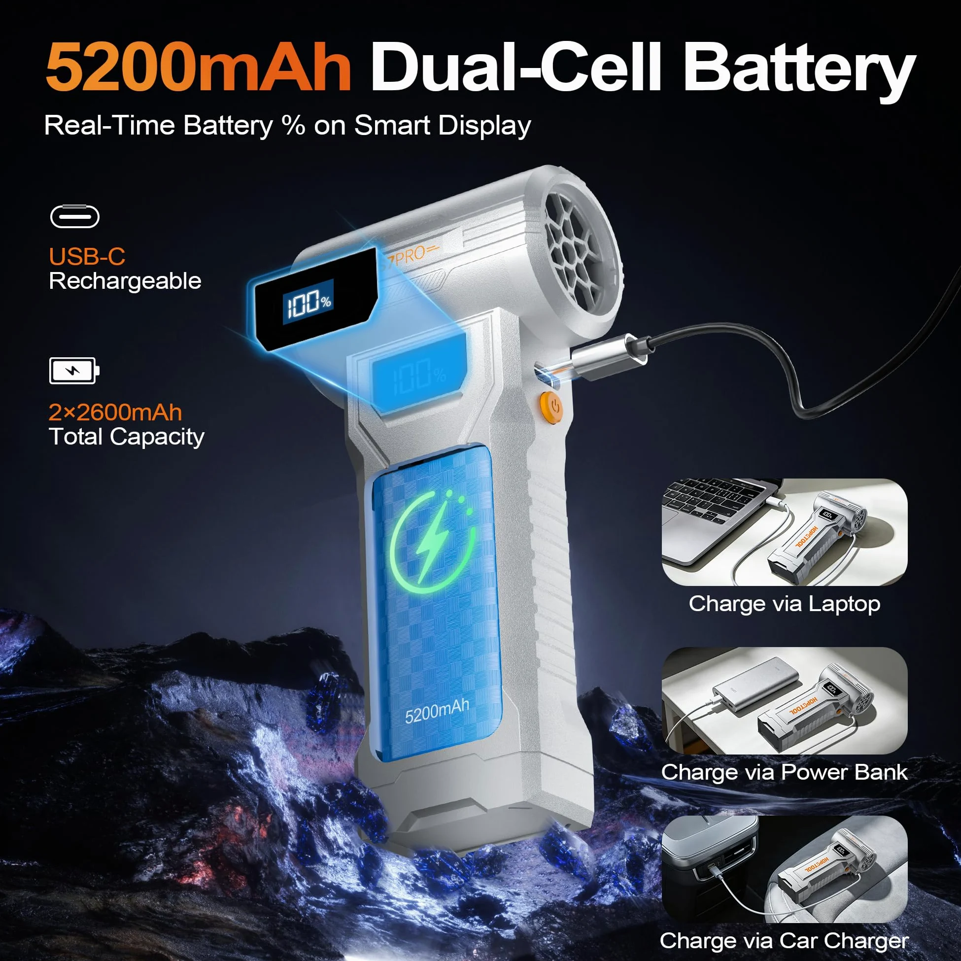 S7 Pro Aria Compressa Elettrico 150K Giri/Min, Soffiatore Aria Compressa Professionale con Display Digitale e Luce LED, Ricaricabile Senza Fili, 4 Velocità per PC, Tastiera, Fotocamera, Auto