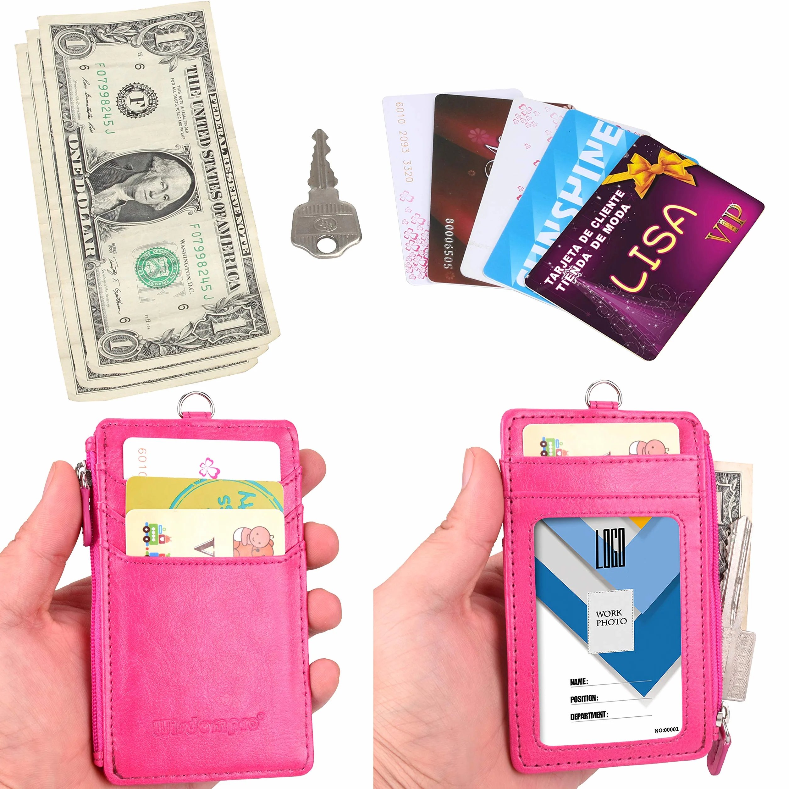 Wisdompro Porta Badge da Collo con Cerniera, 50 cm Portachiavi, 4 Slot, Finestra Trasparente, Rosa Caldo