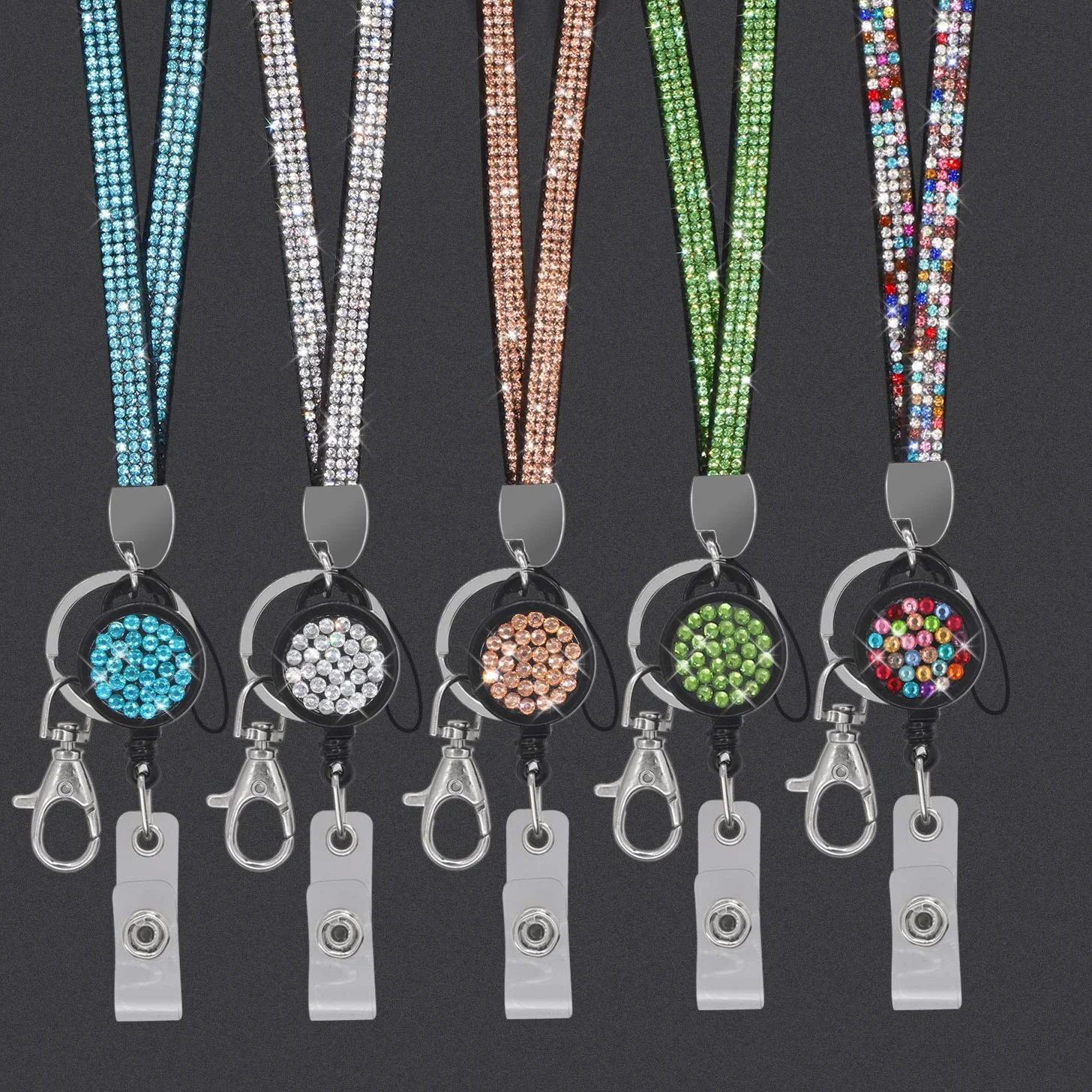 Soleebee 80cm Bling Cristallo Pelle Collo Cordini Cinghie per Porta badge retrattile per Carte di identità, Chiavi, Impiegati, Carta dello studente, USB, ecc. -12 pezzi (con Badge Reel)