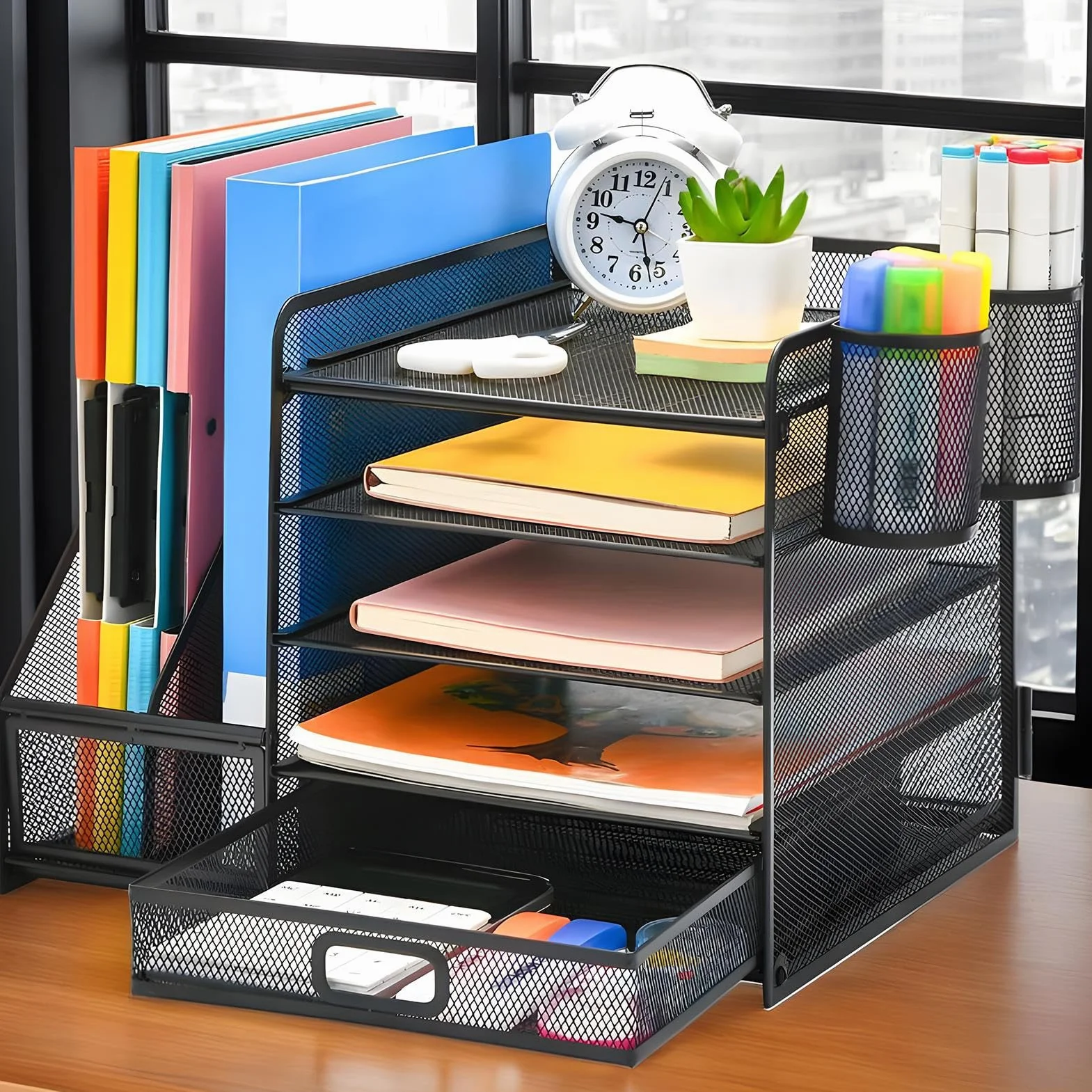 Organizzatore Scrivania Cassetto in Rete Portadocumenti Metallico da Tavolo | Contenitore Antiscivolo per Penne, Documenti e