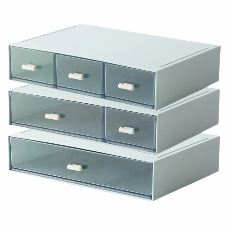 Organizer per cassetti da tavolo con 6 cassetti, capienza organizer per trucchi, impilabile, robusto cassetto in plastica per sistemazione e cosmetici, Penne, Mails, Trucco, Lettere per ufficio (Blu)