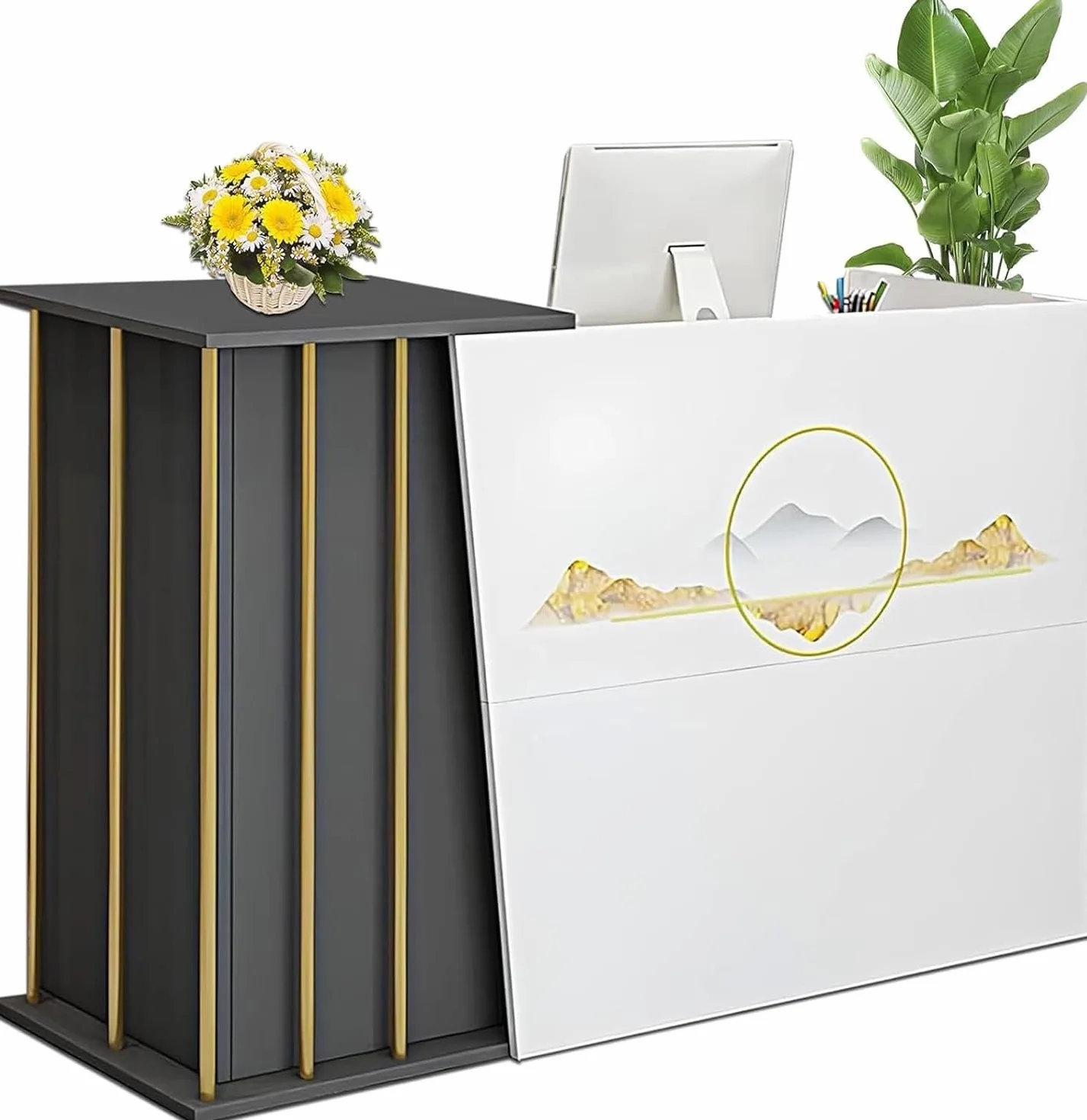 Bancone Reception Multiuso in Legno con 2 Cassetti e 2 Ripiani, Banco Cassa Moderno per Ufficio, Negozio, Salone di Bellezza, Hotel o Supermercato